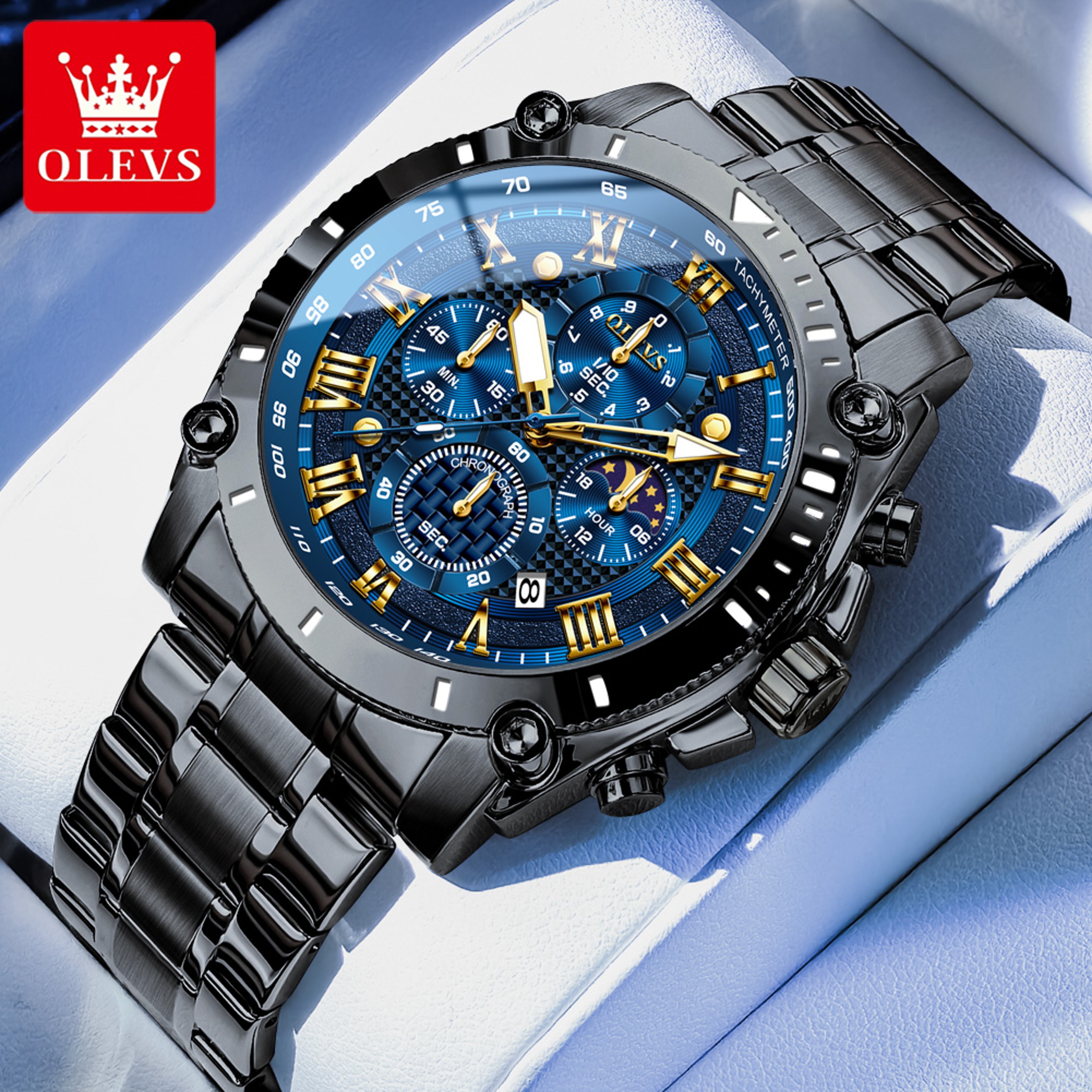 Luxury Moon Phase Chronograph Quartz Watch For Men Waterproof Classic Timepiece 9