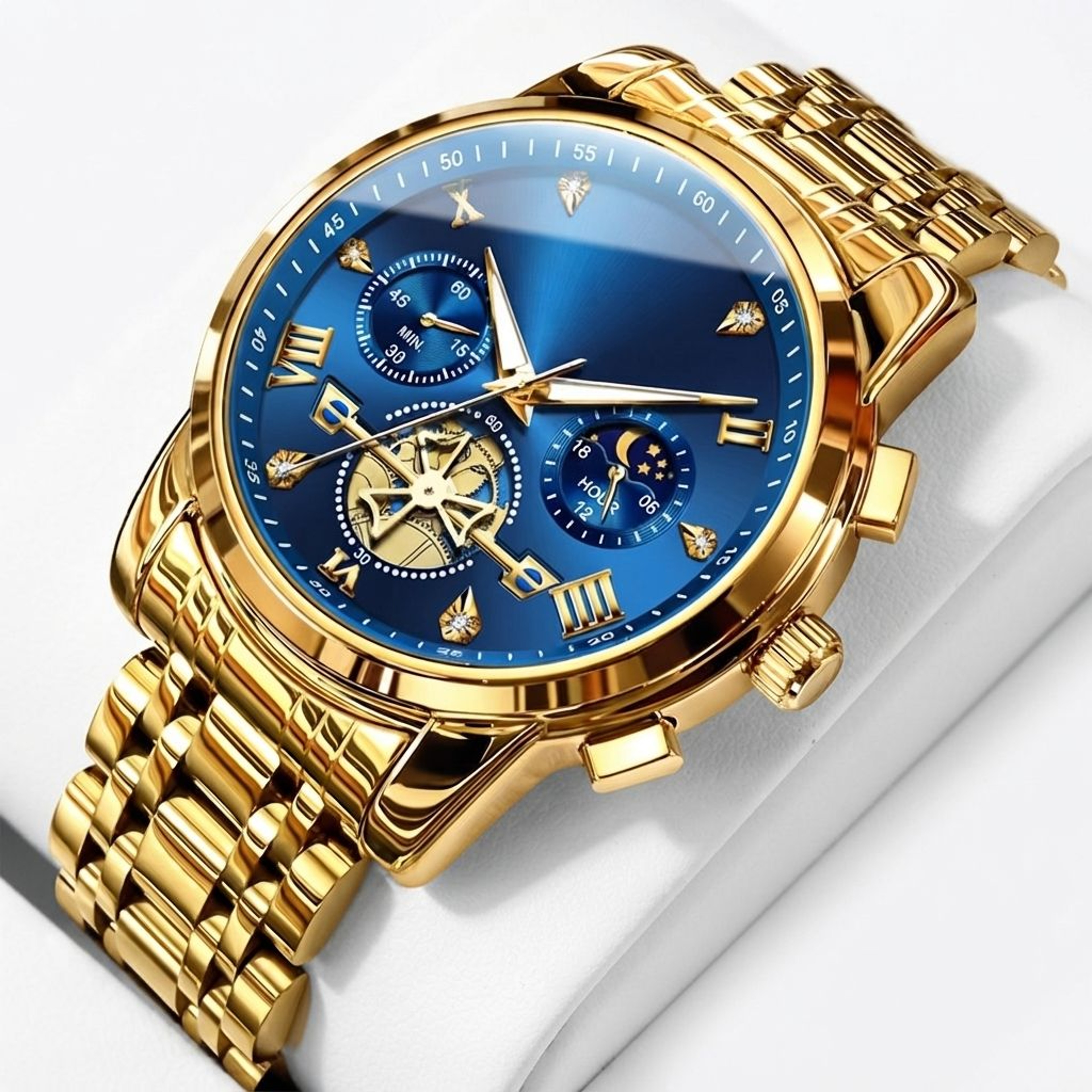 Original Quartz Skeleton Flywheel Moon Phase Chronograph Watch For Men 0