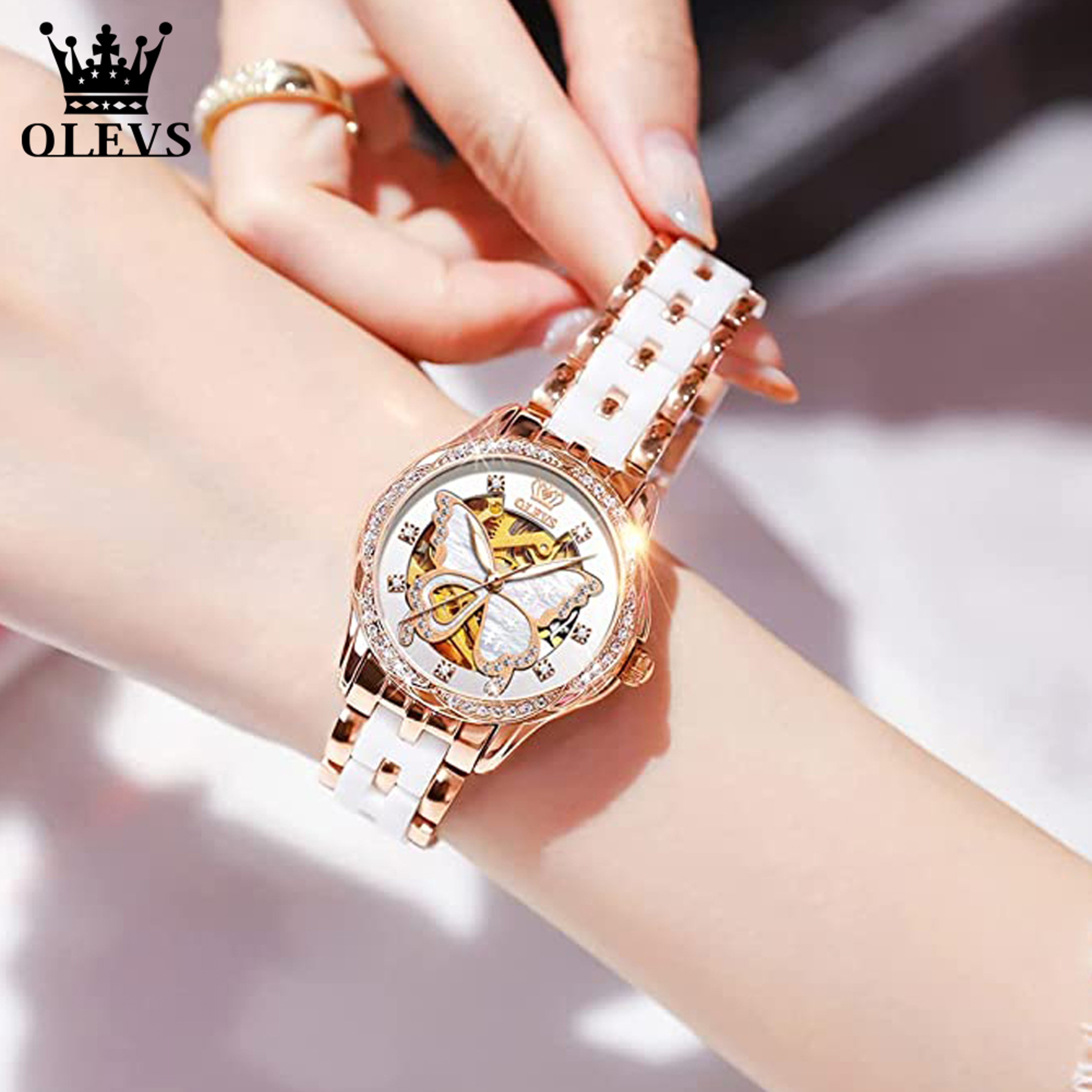 Womens Automatic Skeleton Mechanical Watch With Butterfly Diamond Ceramic Band Luxury Dress Style 1