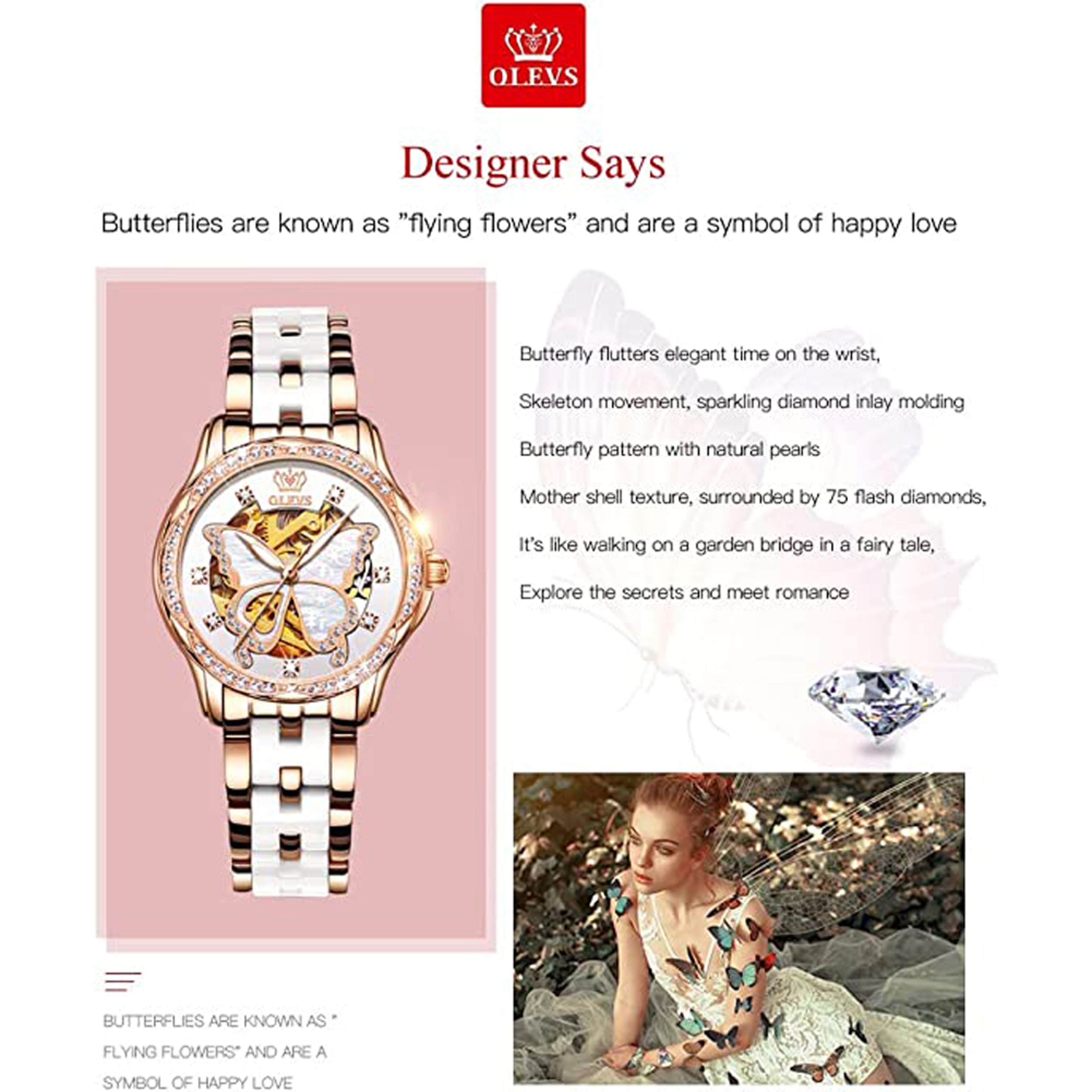 Womens Automatic Skeleton Mechanical Watch With Butterfly Diamond Ceramic Band Luxury Dress Style 2