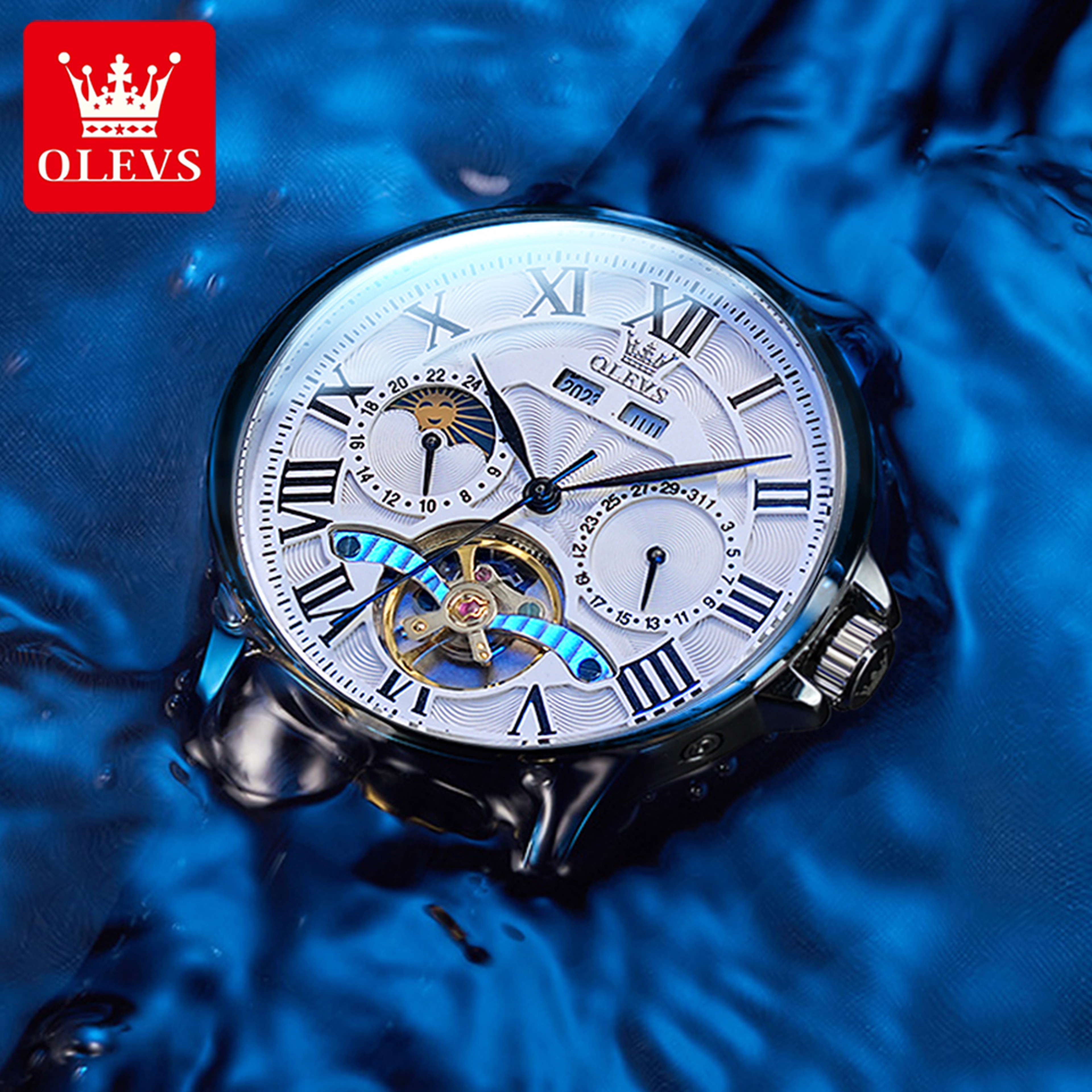 Luxury Automatic Skeleton Moon Phase Mechanical Watch For Men With Roman Dial 3