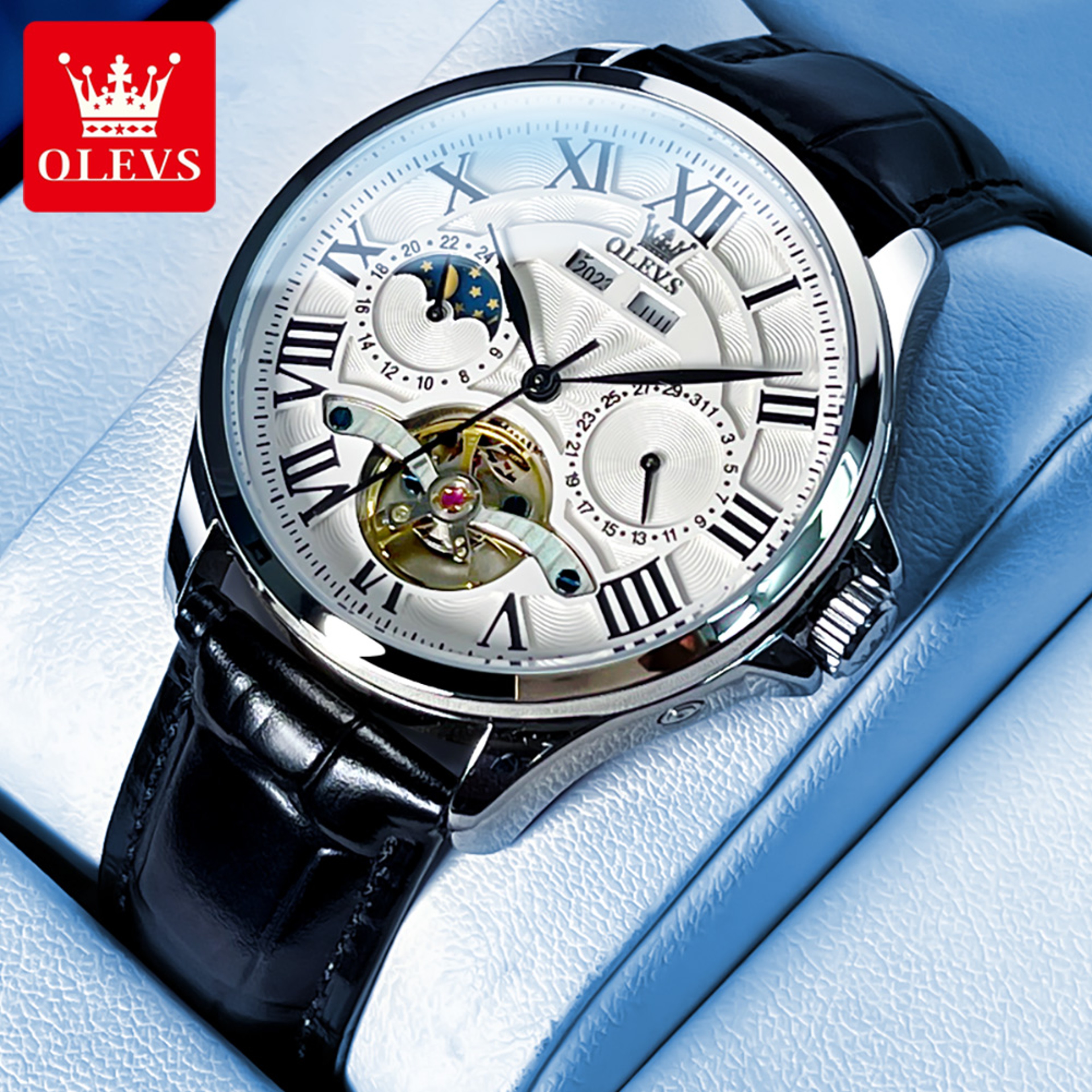 Luxury Automatic Skeleton Moon Phase Mechanical Watch For Men With Roman Dial 7