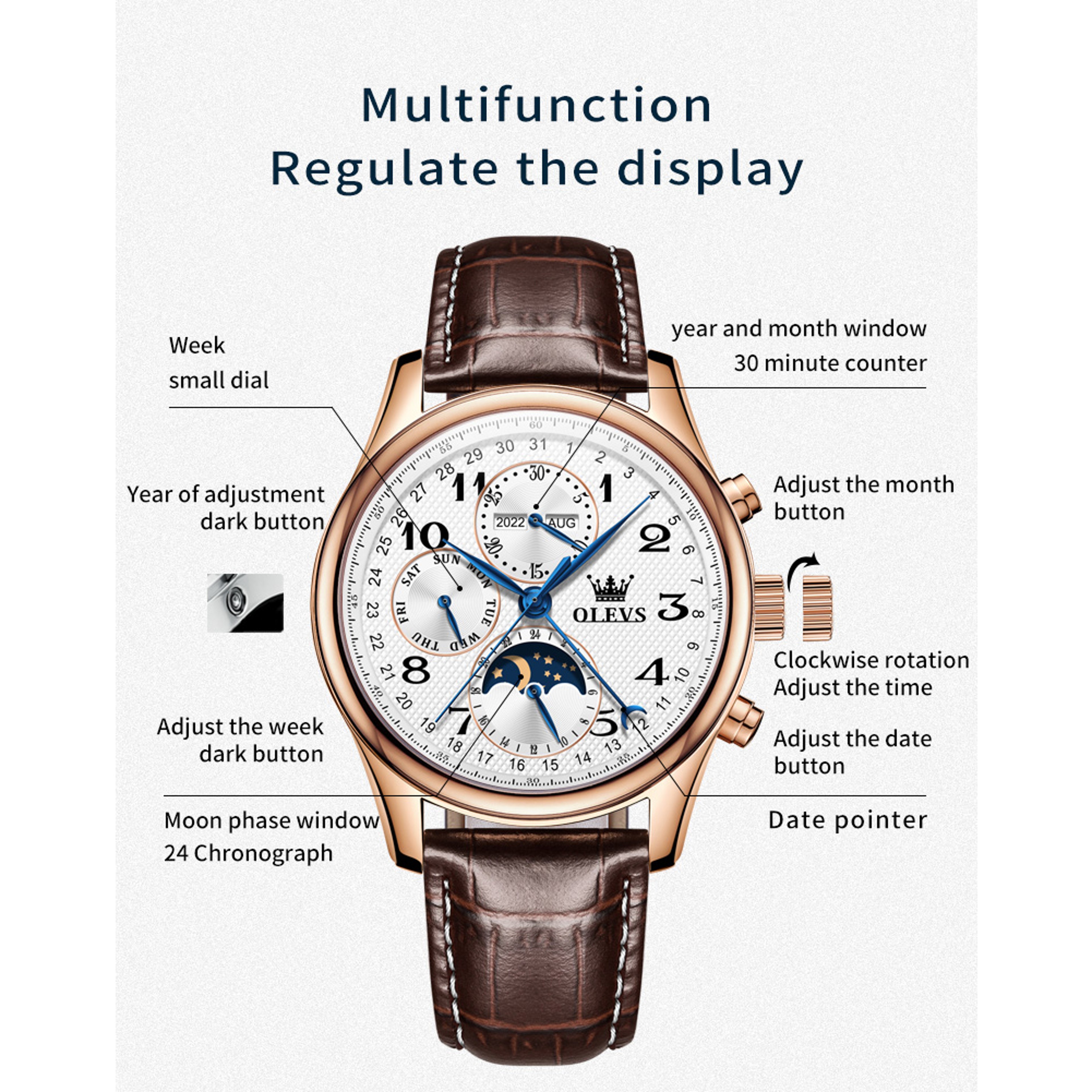 Original Automatic Mechanical Watch for Men with Moon Phase Leather Strap Waterproof Business Wristwatchs – view 2