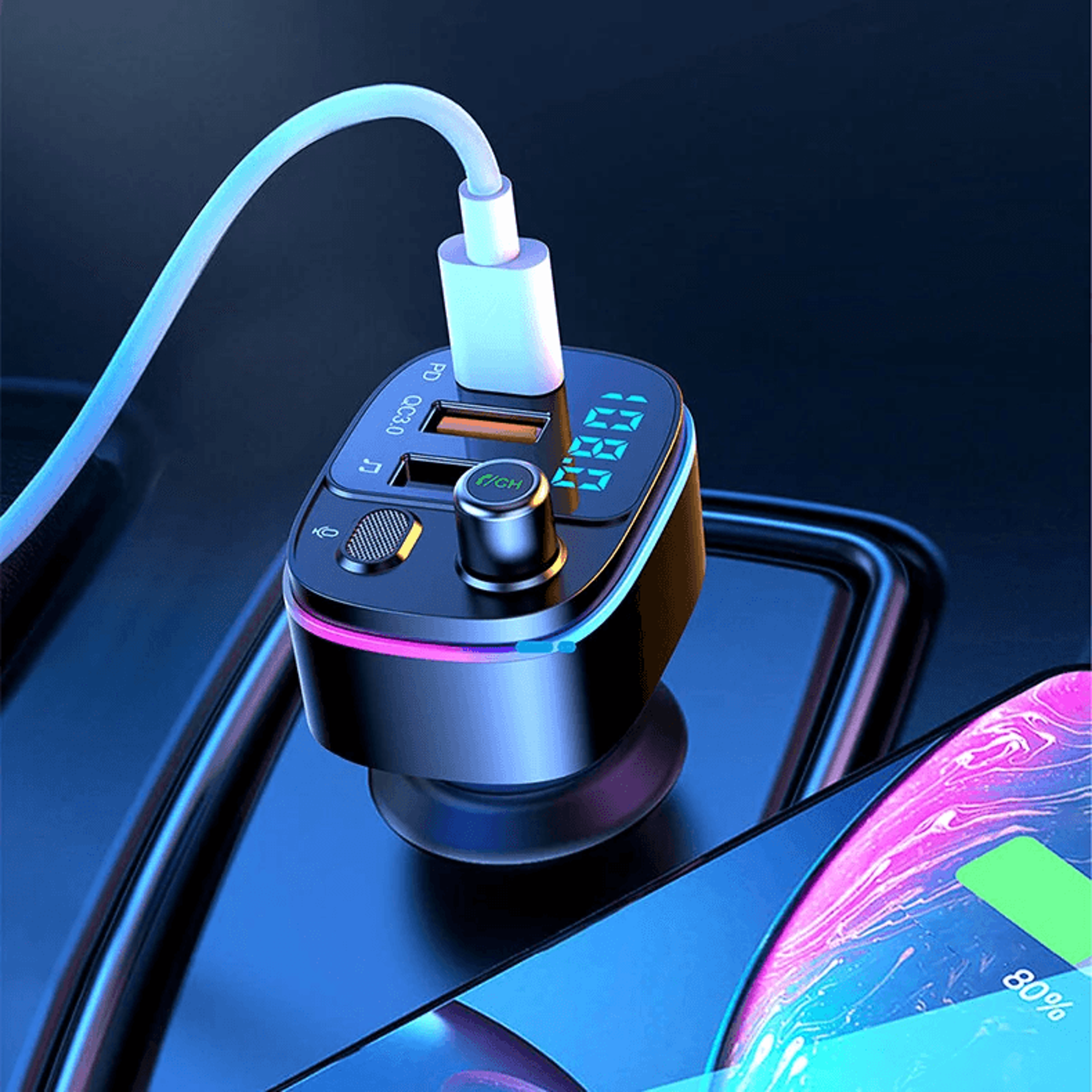 Bluetooth FM Transmitter Car Adapter With Fast Charging Hands Free Calling And LED Lights 1