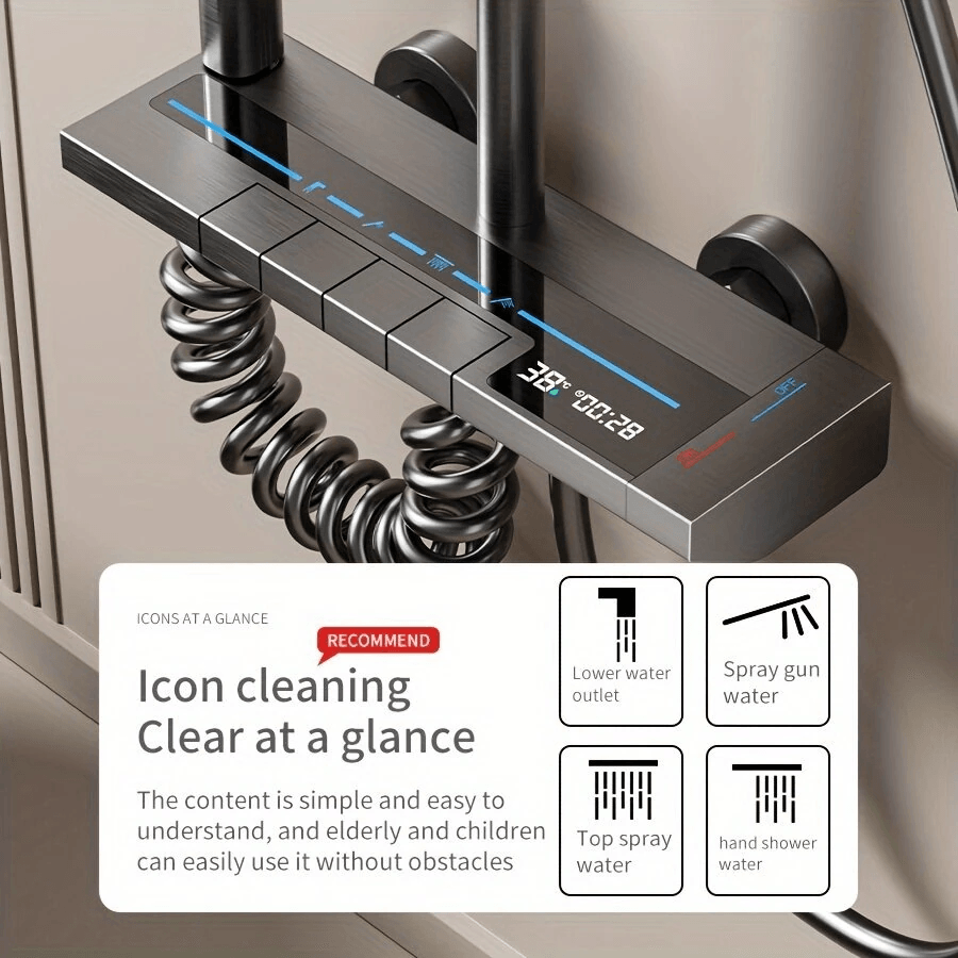 Digital Display Rainfall Shower System With Piano Button Controls And Ambient Light 7