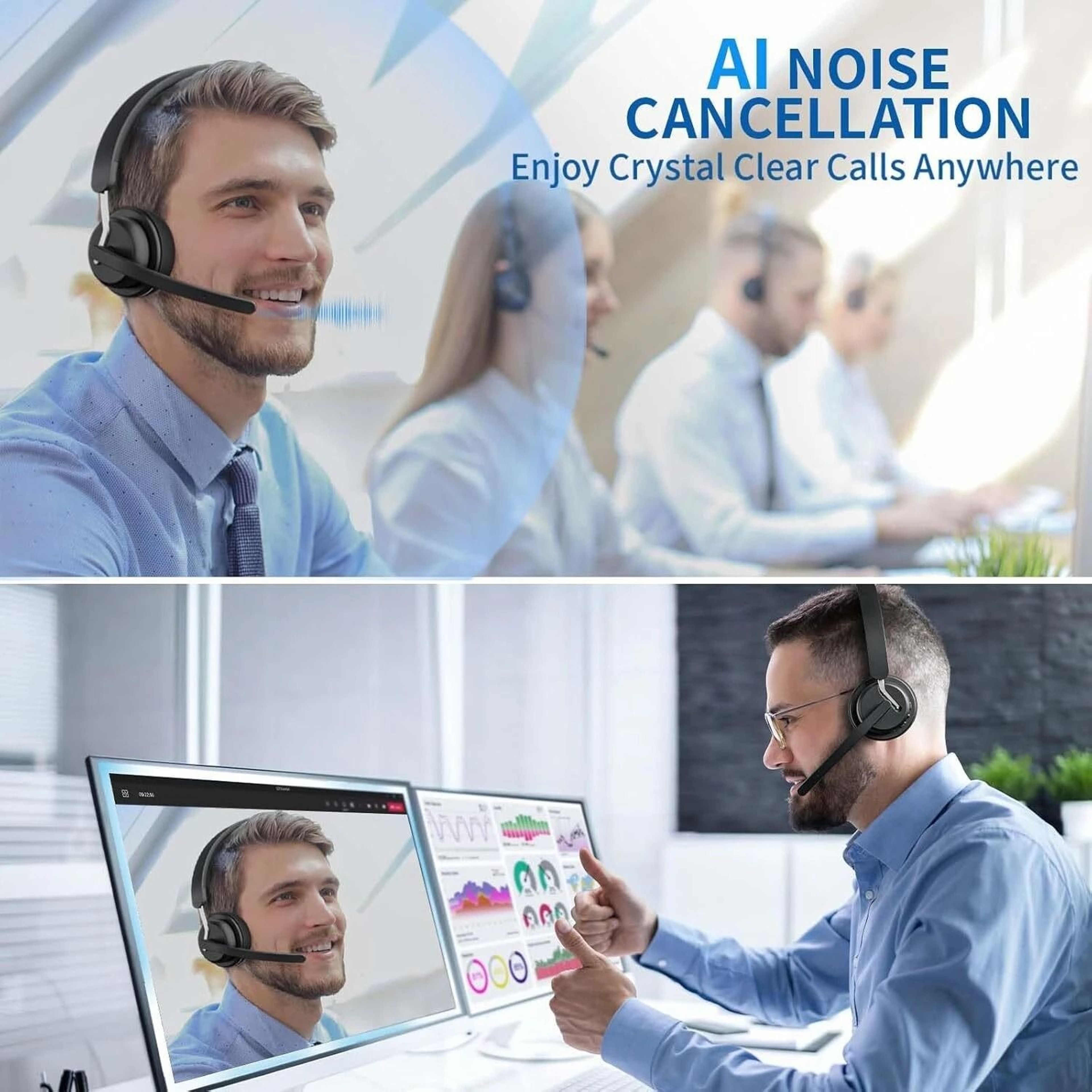 Wireless Headset With AI Noise Cancelling Microphone Charging Base And Hour Battery 4