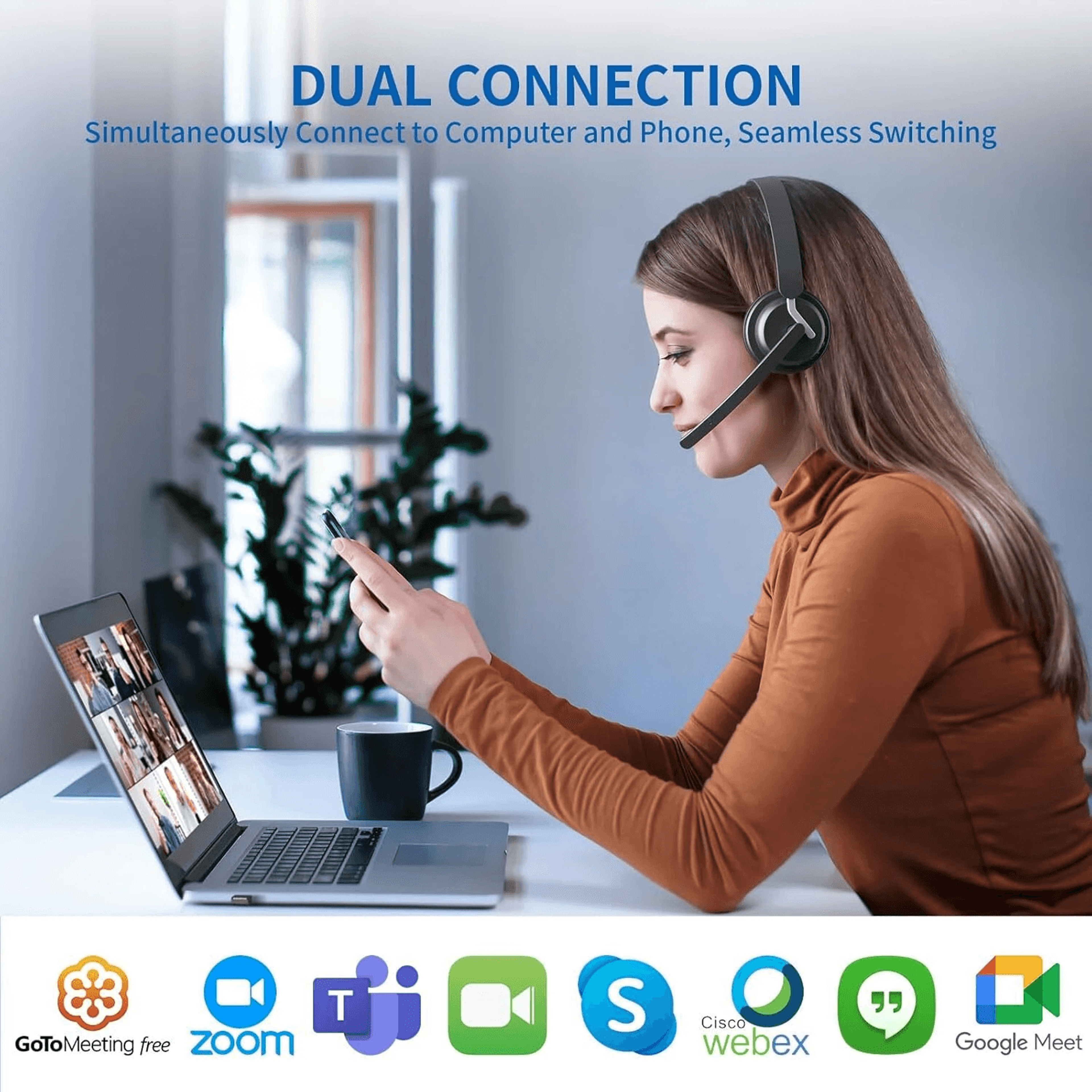 Wireless Headset With AI Noise Cancelling Microphone Charging Base And Hour Battery 3