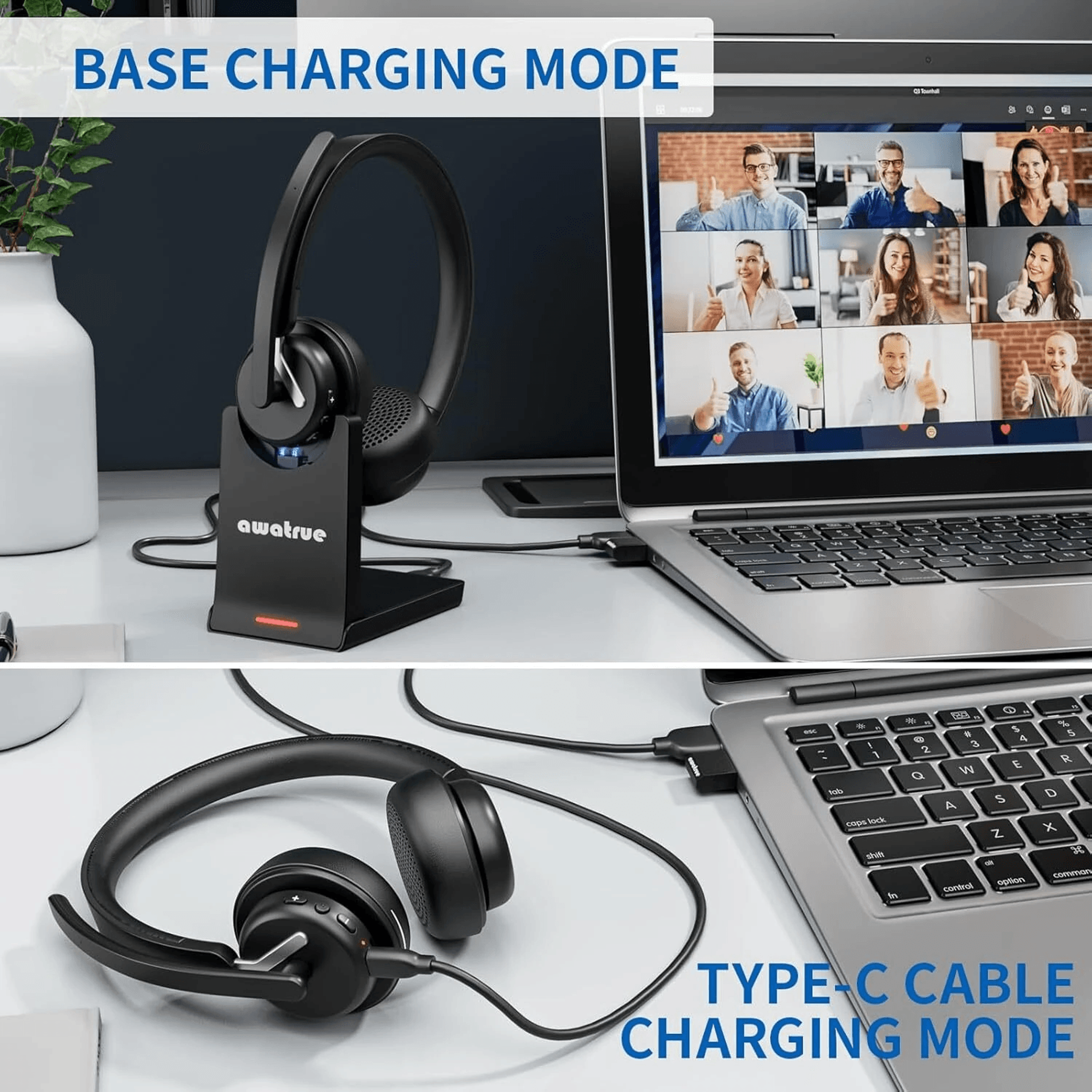 Wireless Headset With AI Noise Cancelling Microphone Charging Base And Hour Battery 5