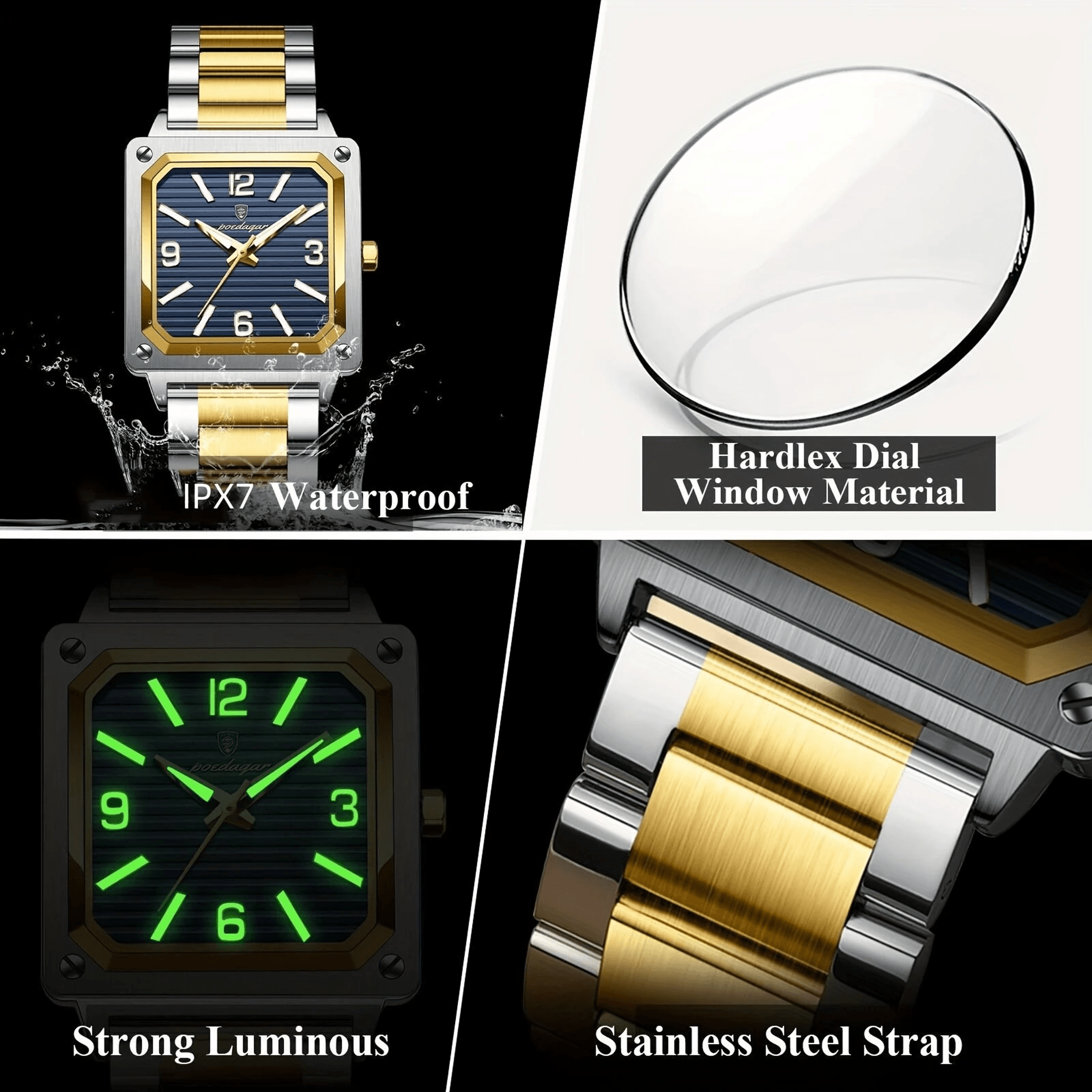Classic Square Mens Quartz Watch With Luminous Dial And Stainless Steel Bracelet 4