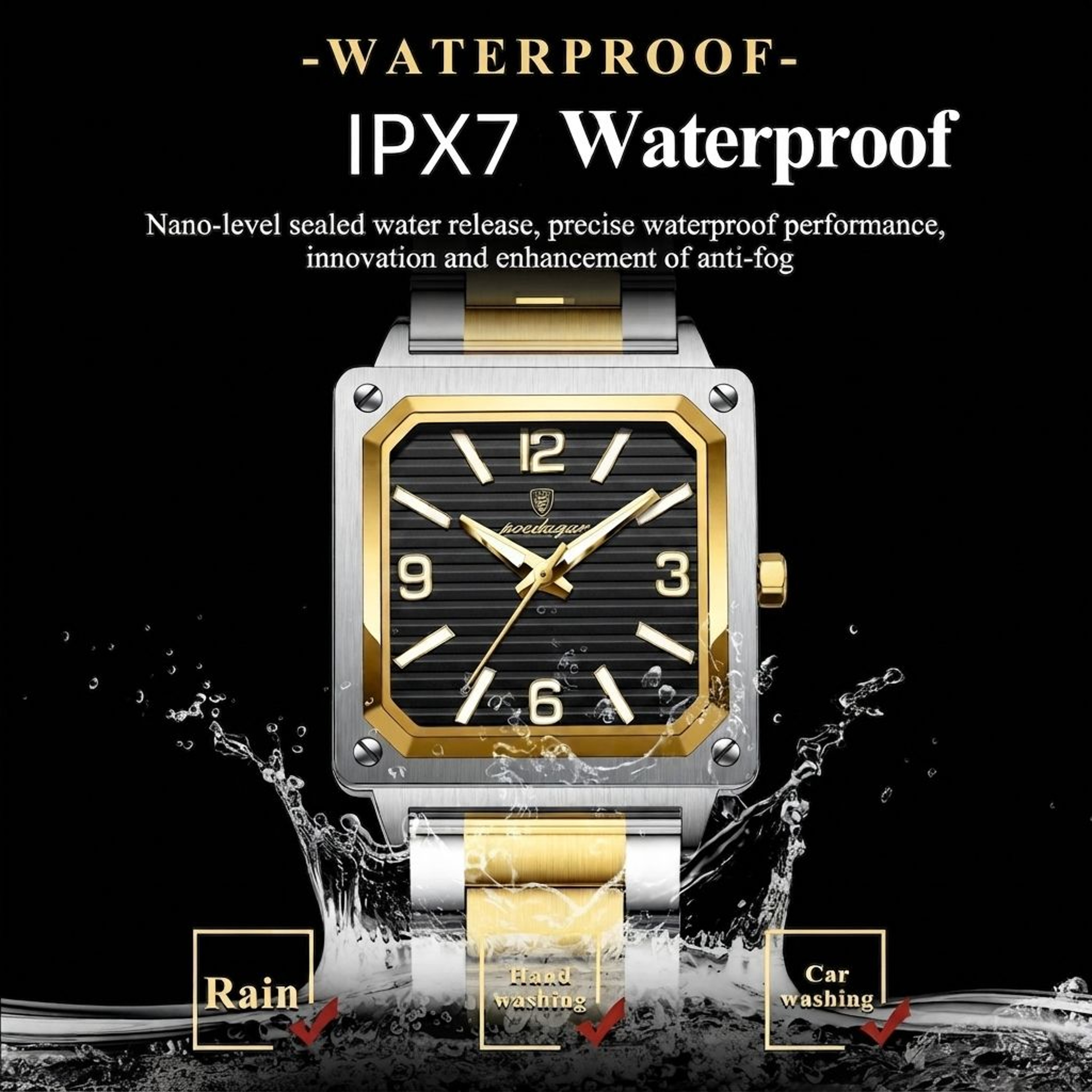 Classic Square Mens Quartz Watch With Luminous Dial And Stainless Steel Bracelet 1