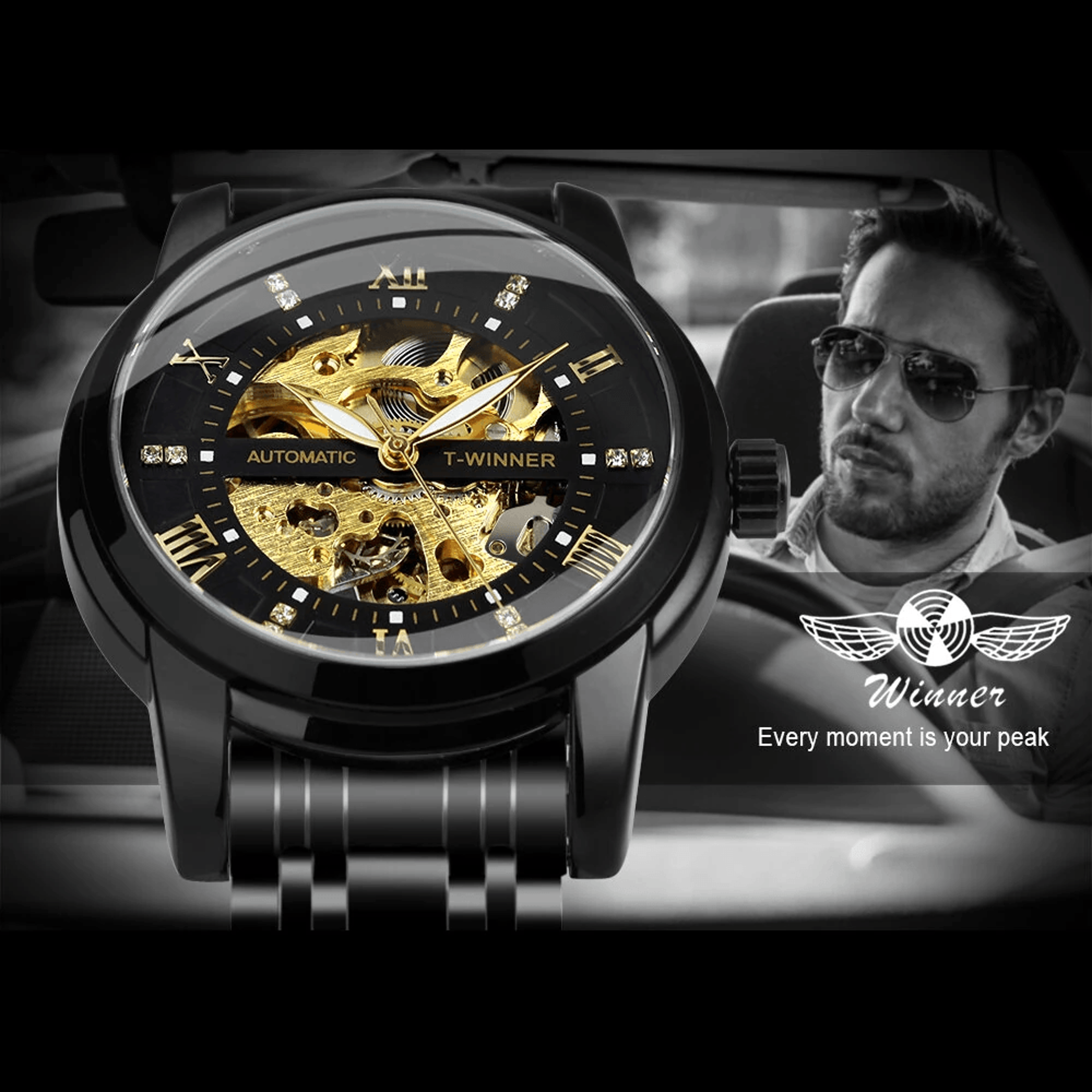 Black Gold Skeleton Automatic Mens Watch With Diamond Dial And Stainless Steel Bracelet 4