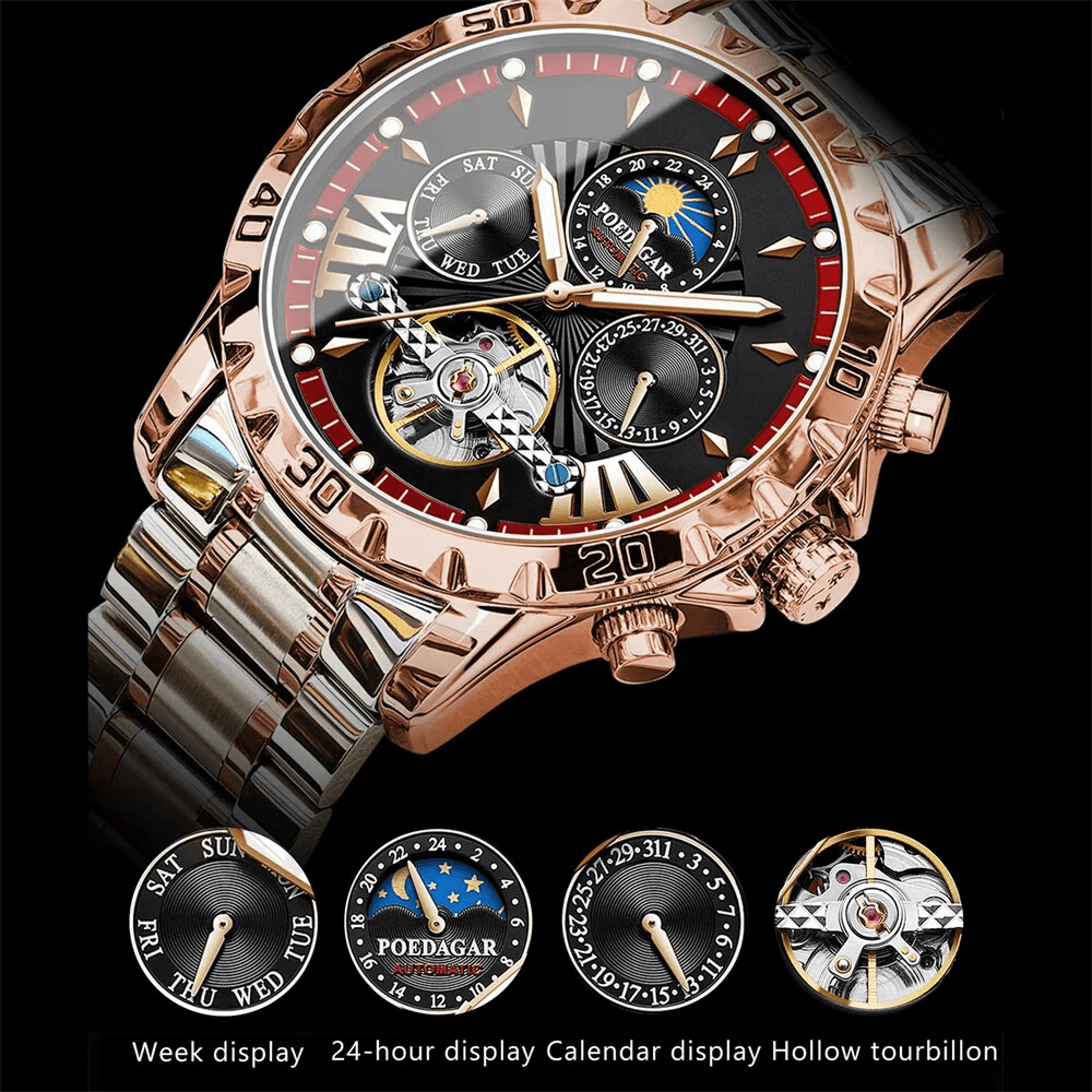 Luxury Automatic Mechanical Watch With Hollow Dial And Luminous Day Date Display 6