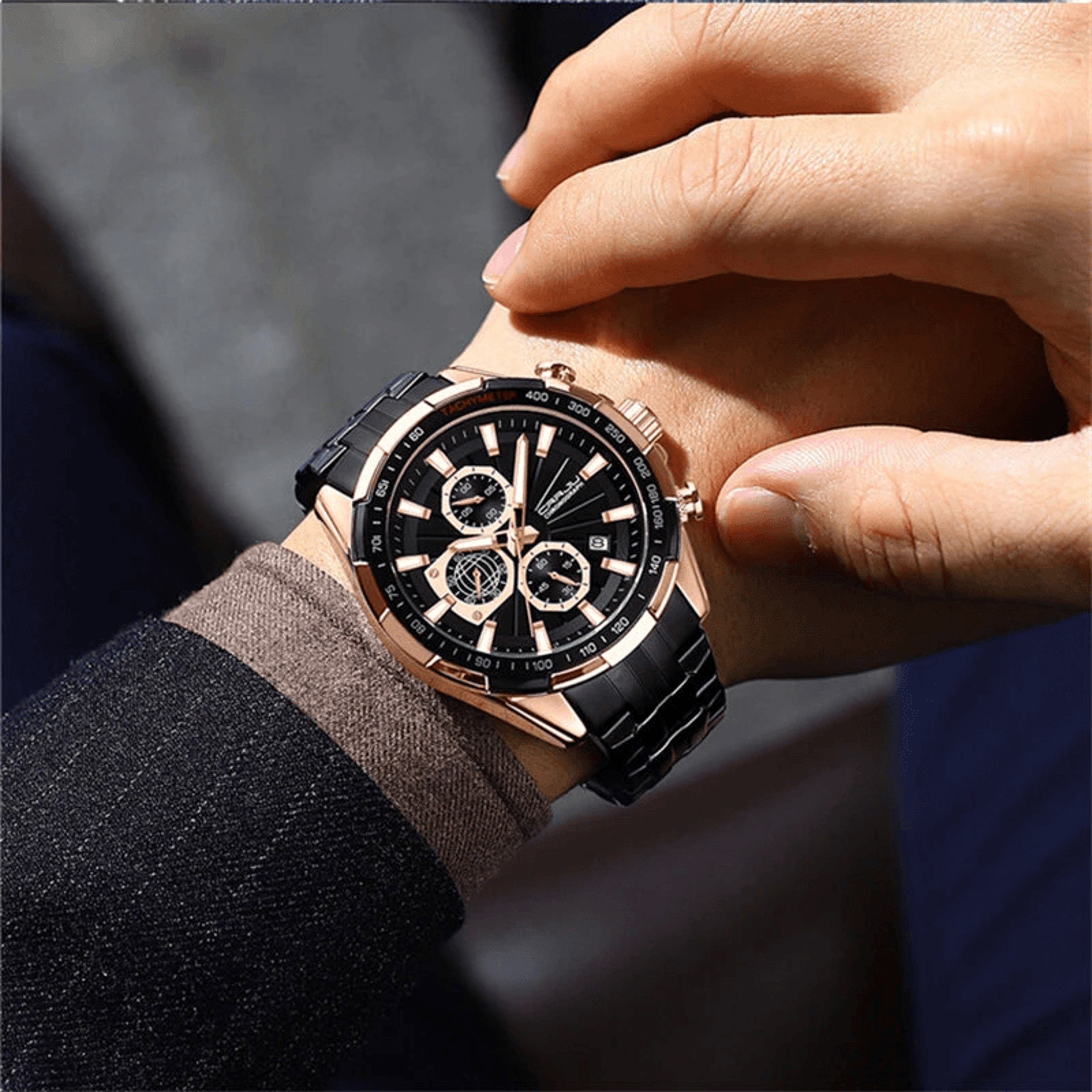 Mens Stainless Steel Chronograph Watch Waterproof Quartz Business Wristwatch 1