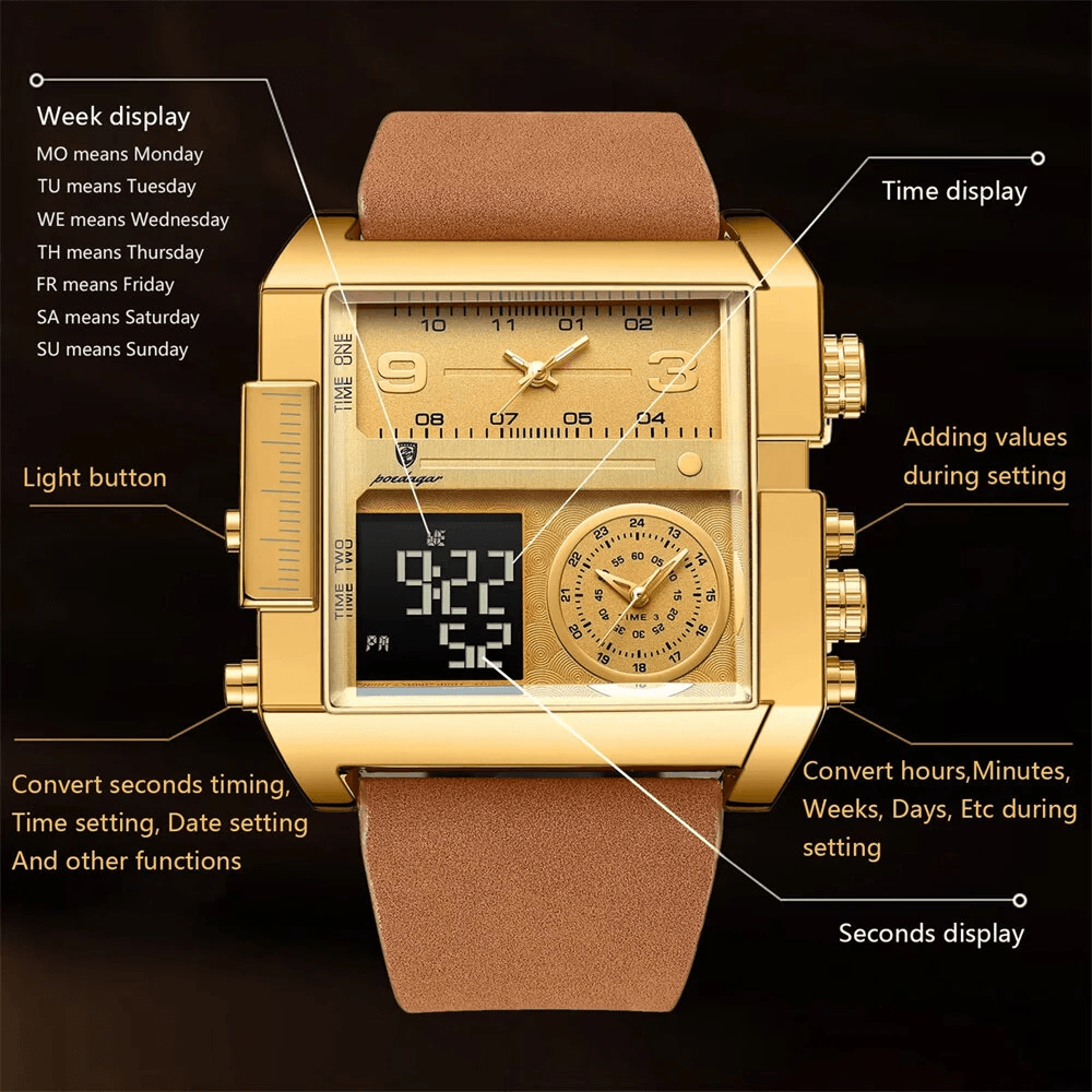 Mens Dual Display Rectangle Sports Watch Waterproof Quartz Digital Wristwatch 4