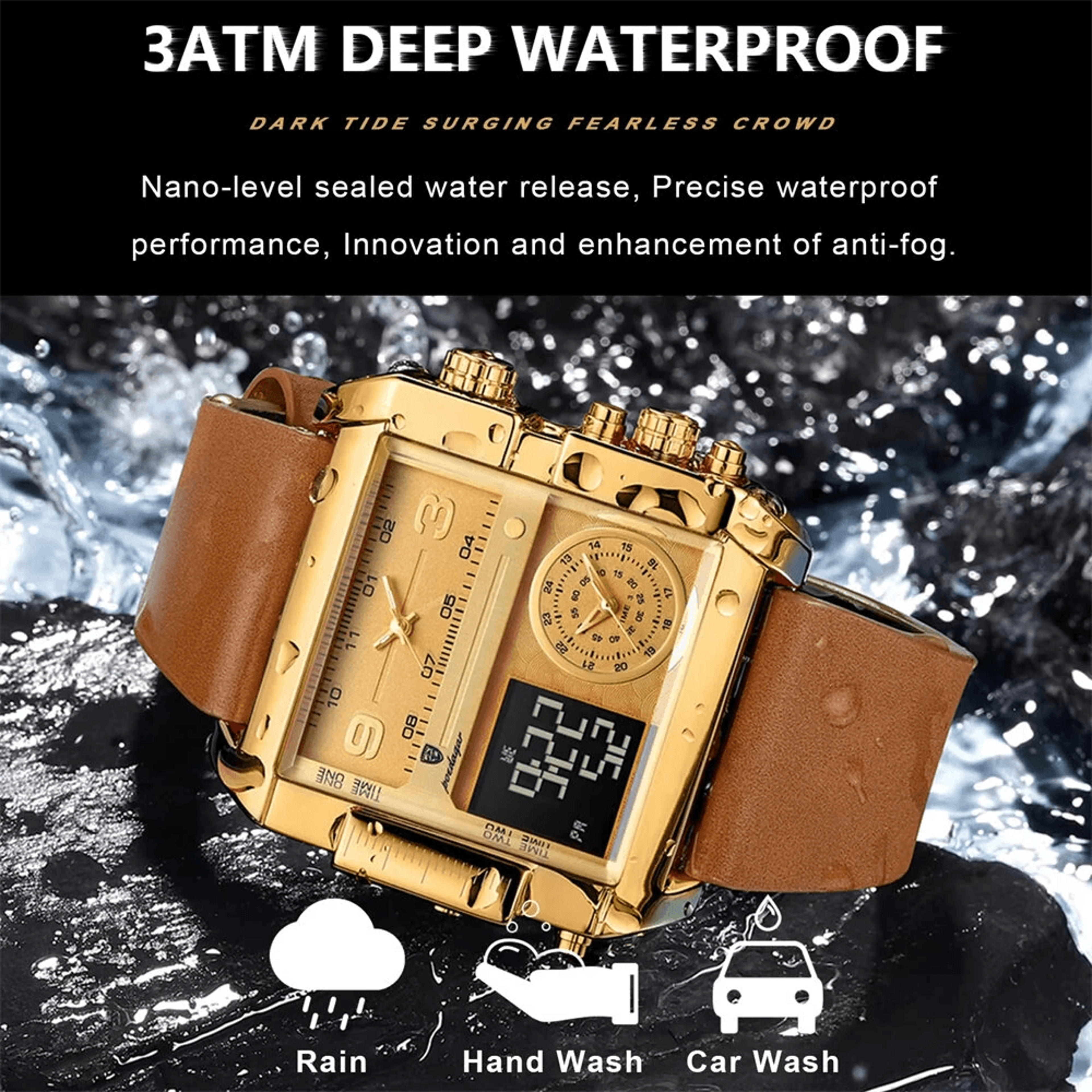 Mens Dual Display Rectangle Sports Watch Waterproof Quartz Digital Wristwatch 2
