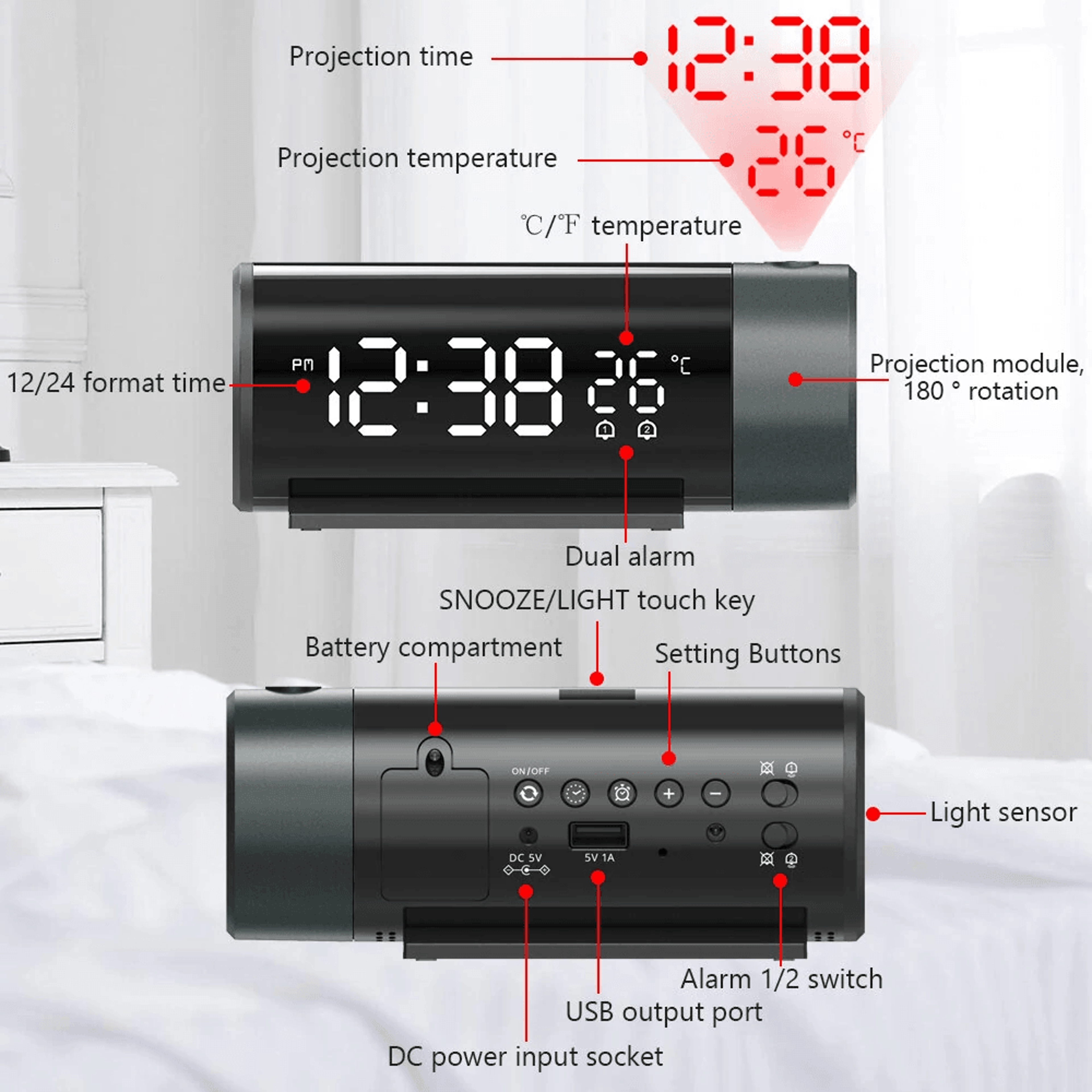 LED Projection Alarm Clock With Temperature Display And Snooze 2
