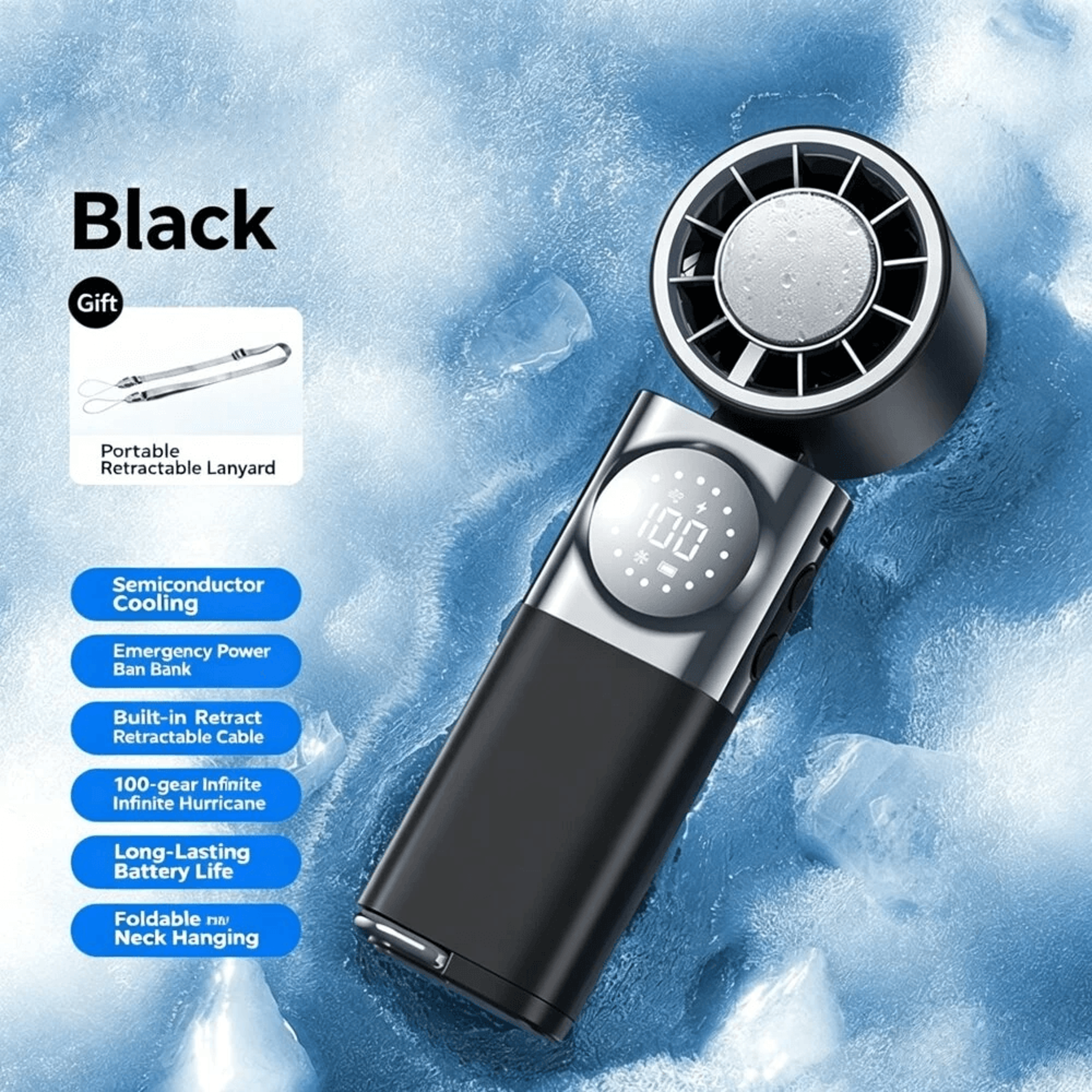 Portable Handheld Ice Cooling Fan With Speed Control Digital Display And Foldable Neck Design 5