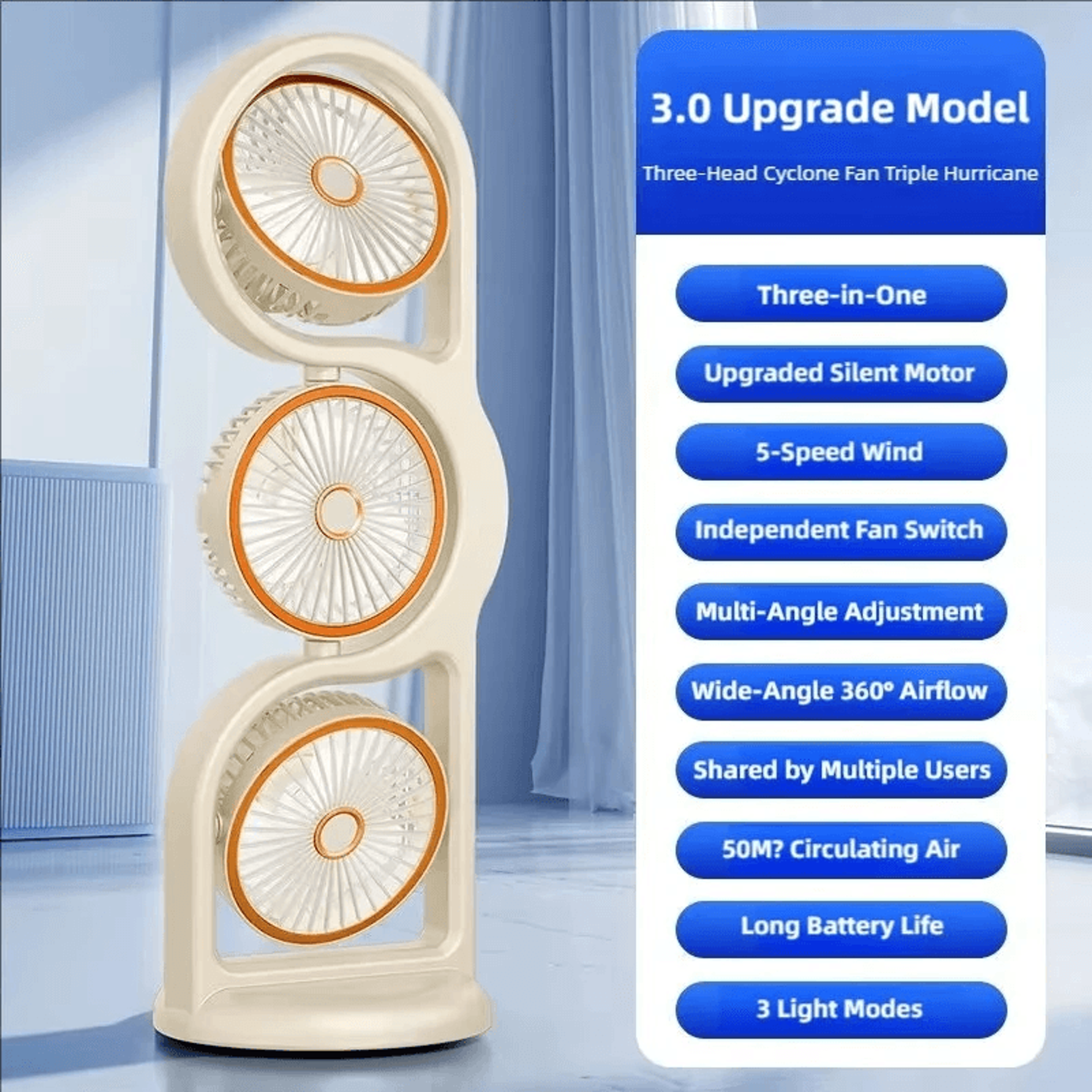 Three Head Portable Desk Fan With Degree Adjustable Airflow And USB Rechargeable Cooling 7
