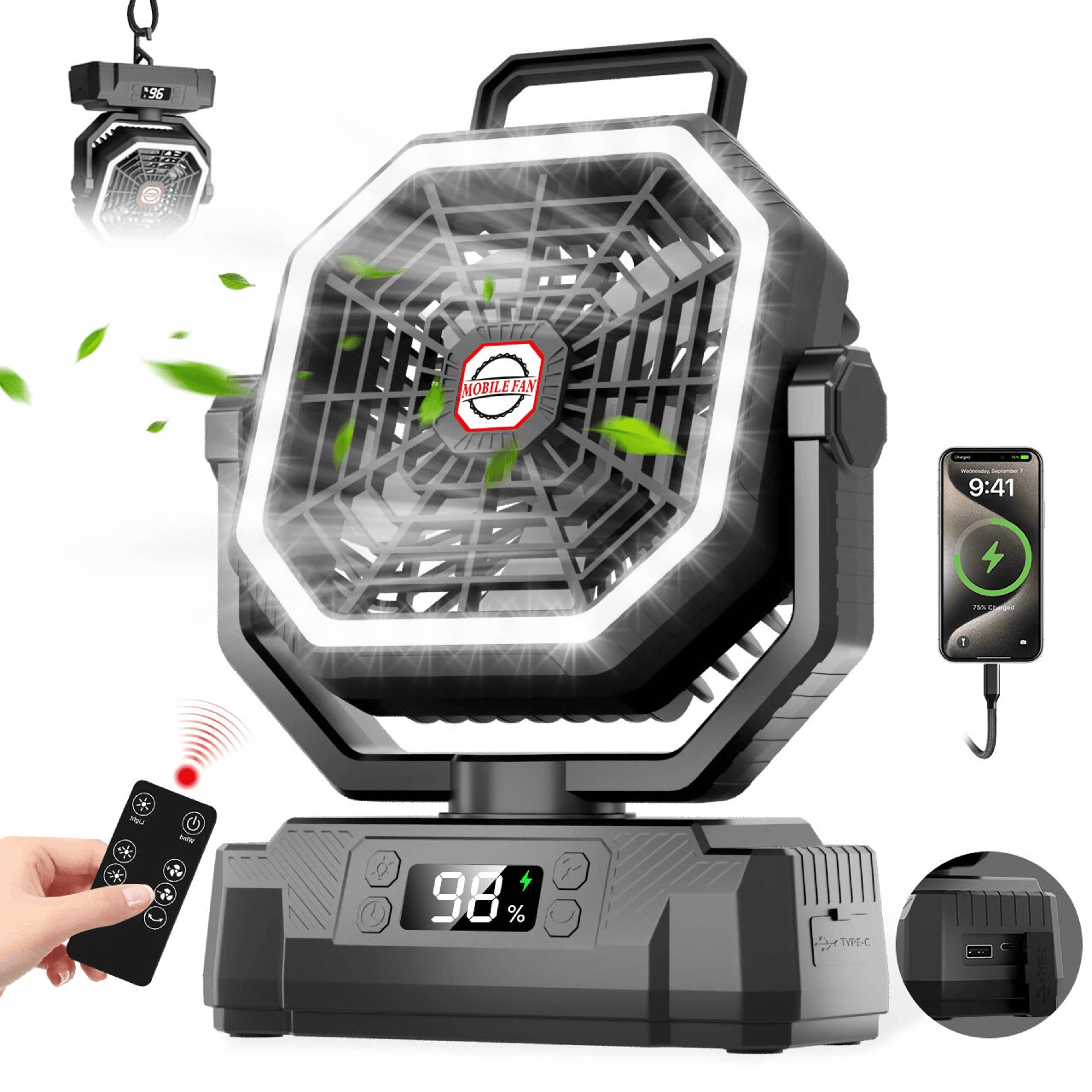 Rechargeable Camping Fan With LED Light Battery Remote Control And Speeds 0
