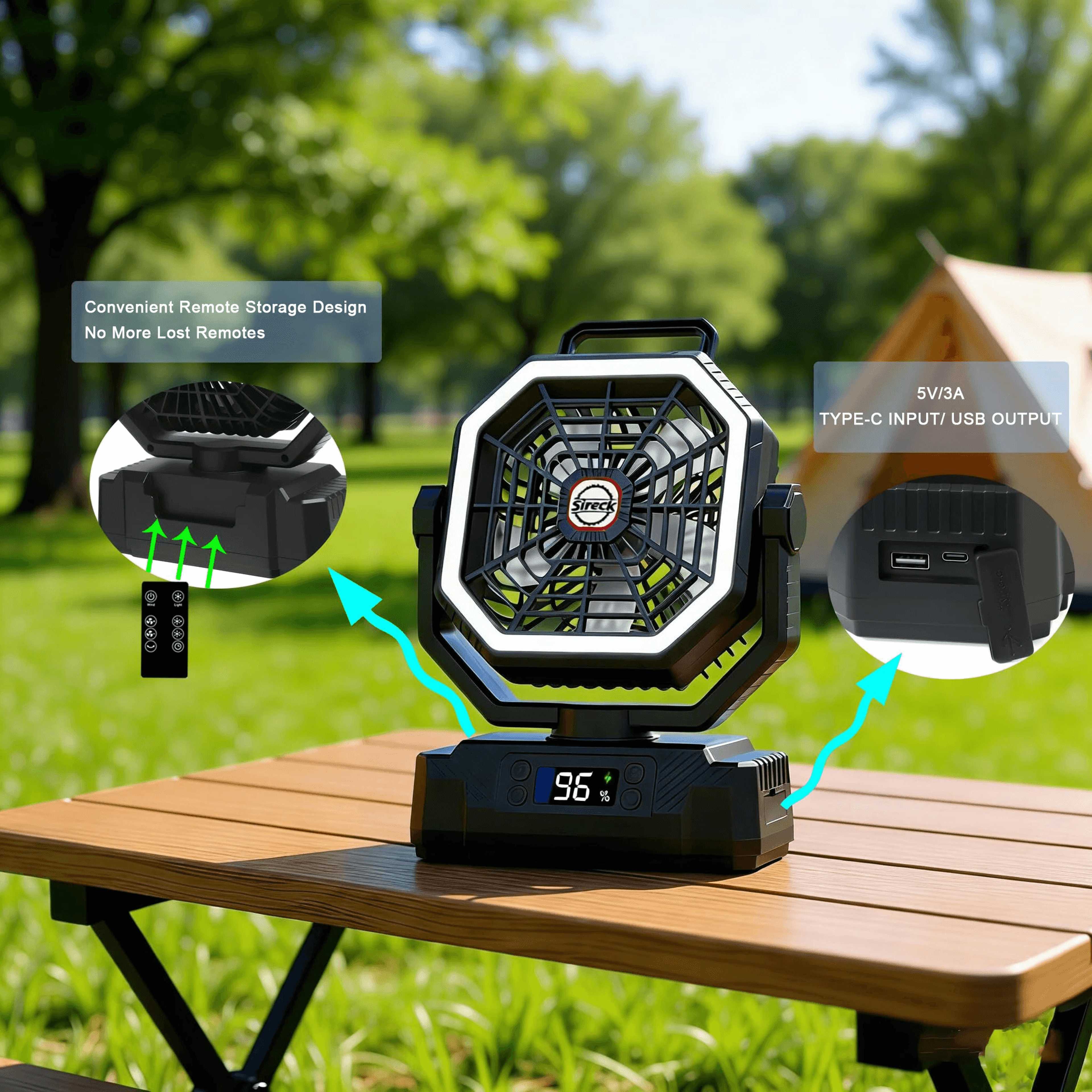 Rechargeable Camping Fan With LED Light Battery Remote Control And Speeds 3