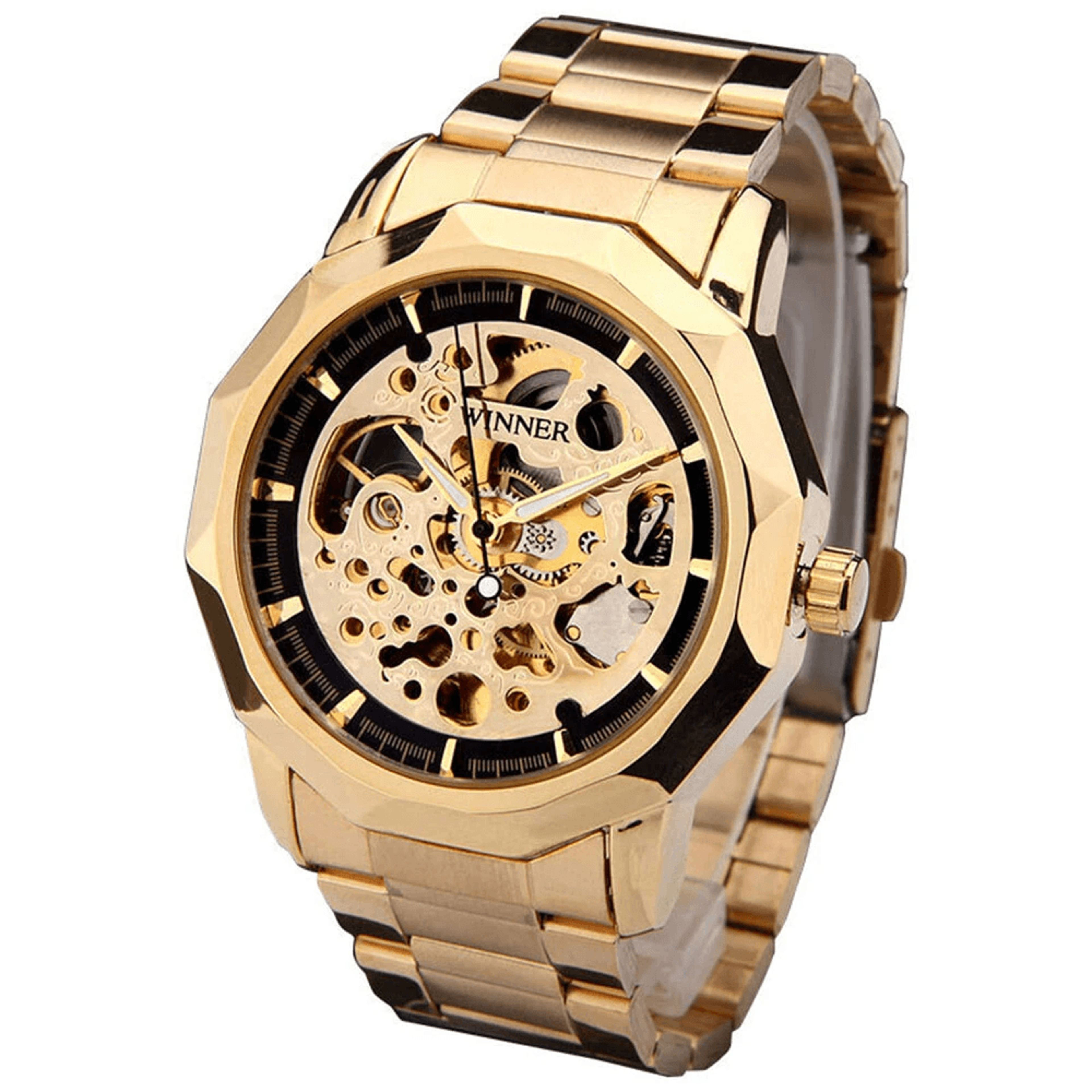 Automatic Skeleton Mechanical Watch For Men With Gold Steel Band And Retro Dial 0
