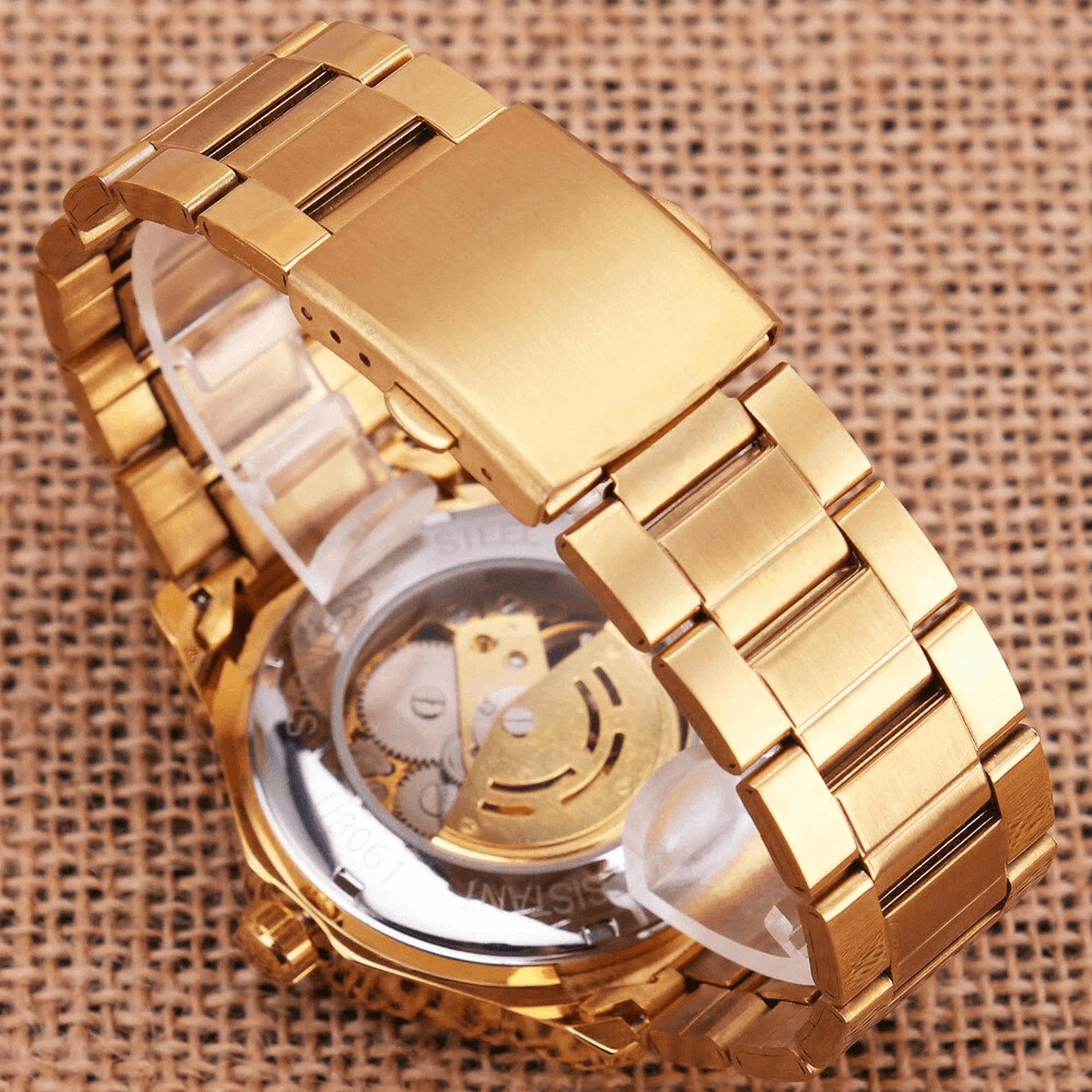 Automatic Skeleton Mechanical Watch For Men With Gold Steel Band And Retro Dial 6