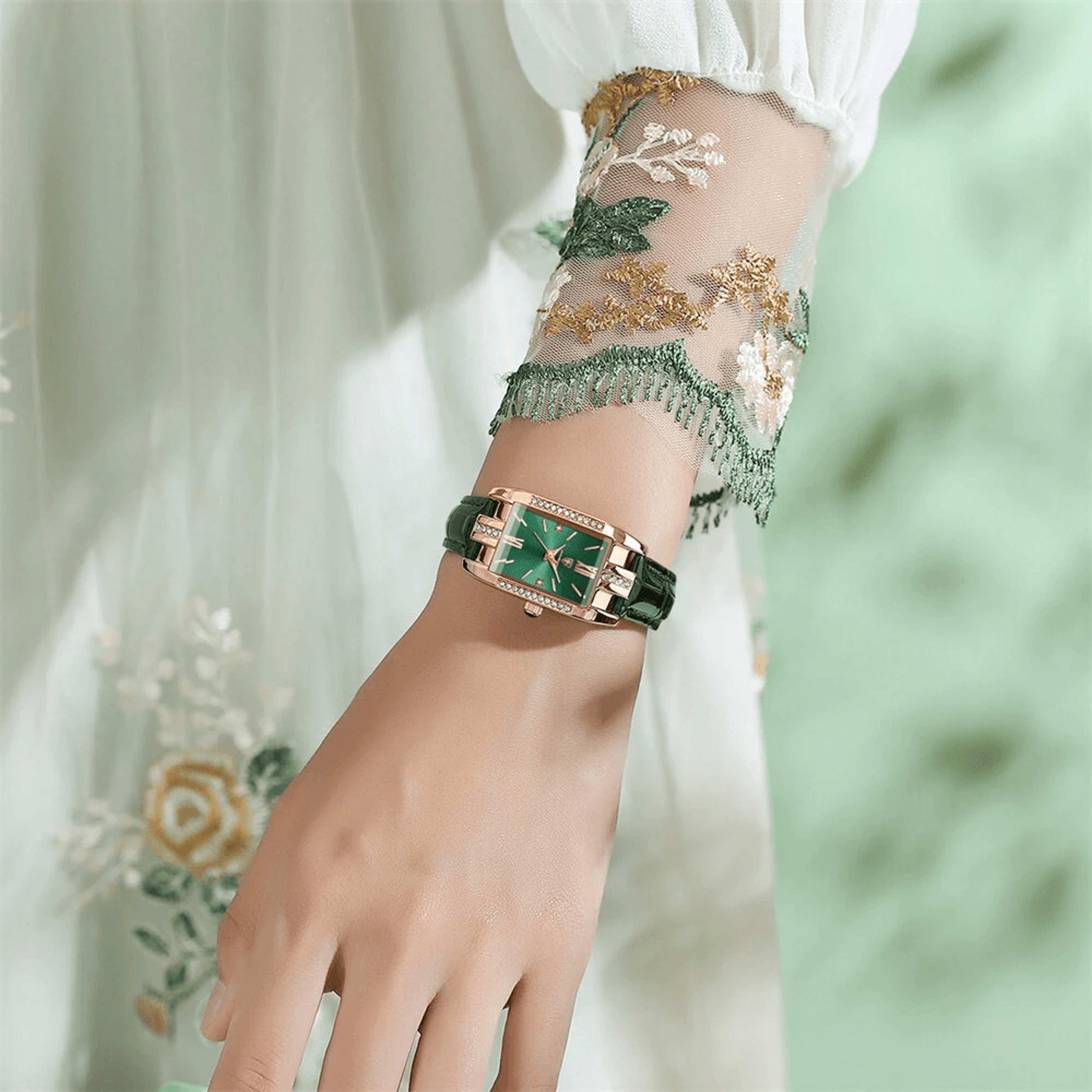 Elegant Rectangular Quartz Watch For Women With Leather Strap And Crystal Accents 2