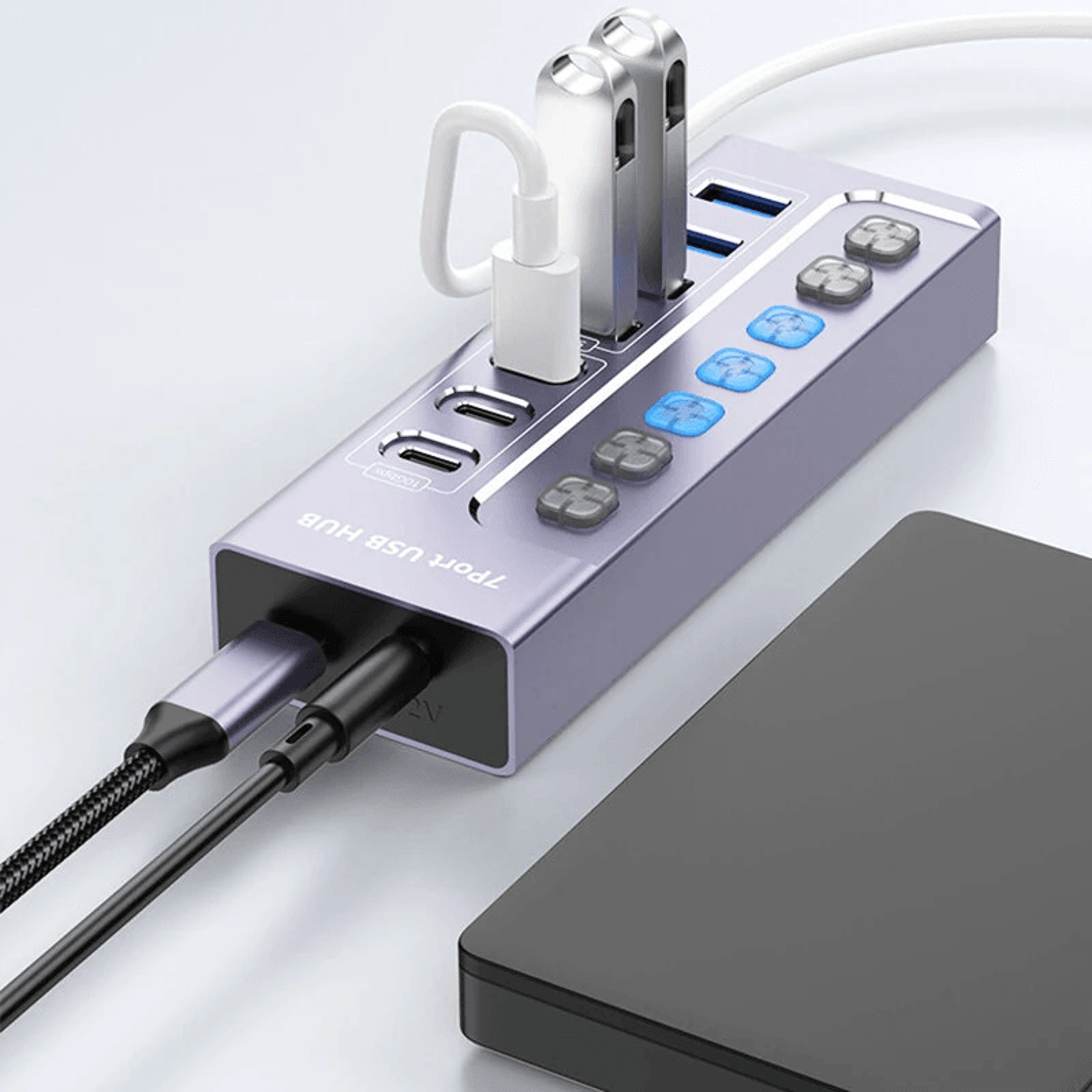 Port Powered USB Hub With USB C And USB A High Speed Data Ports And Independent Switches 0