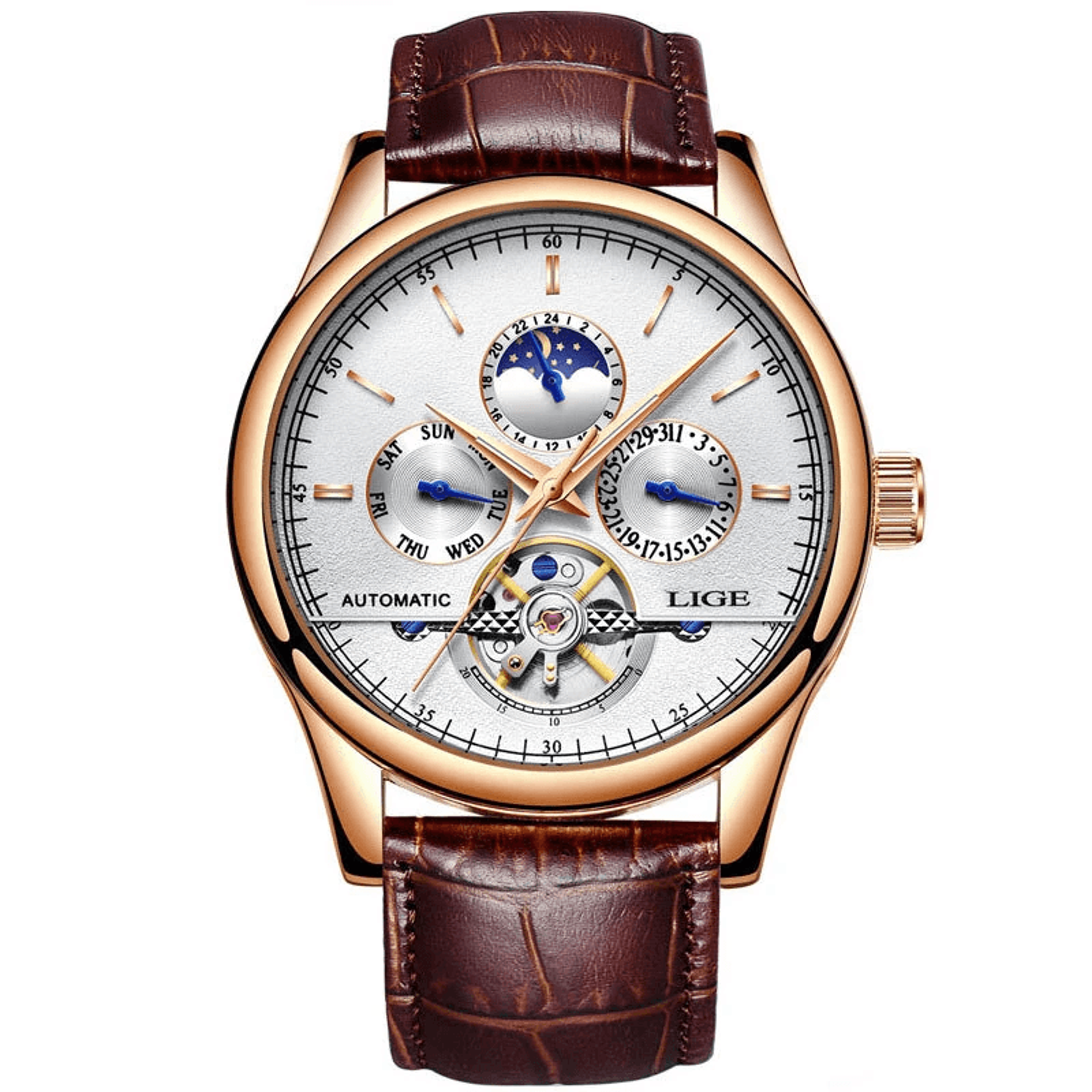 Mens Automatic Mechanical Watch With Genuine Leather Strap And Multifunction Dial 7