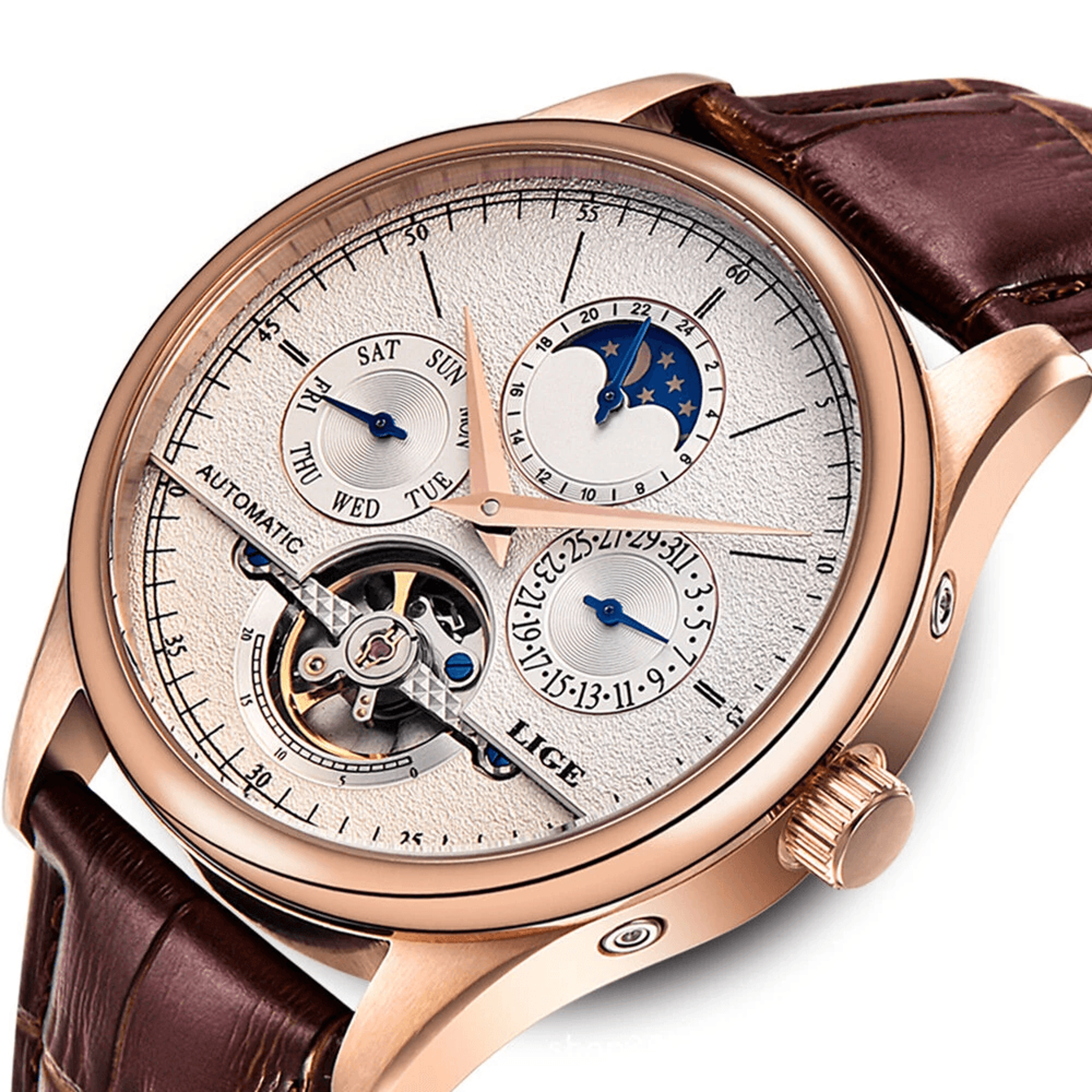 Mens Automatic Mechanical Watch With Genuine Leather Strap And Multifunction Dial 0