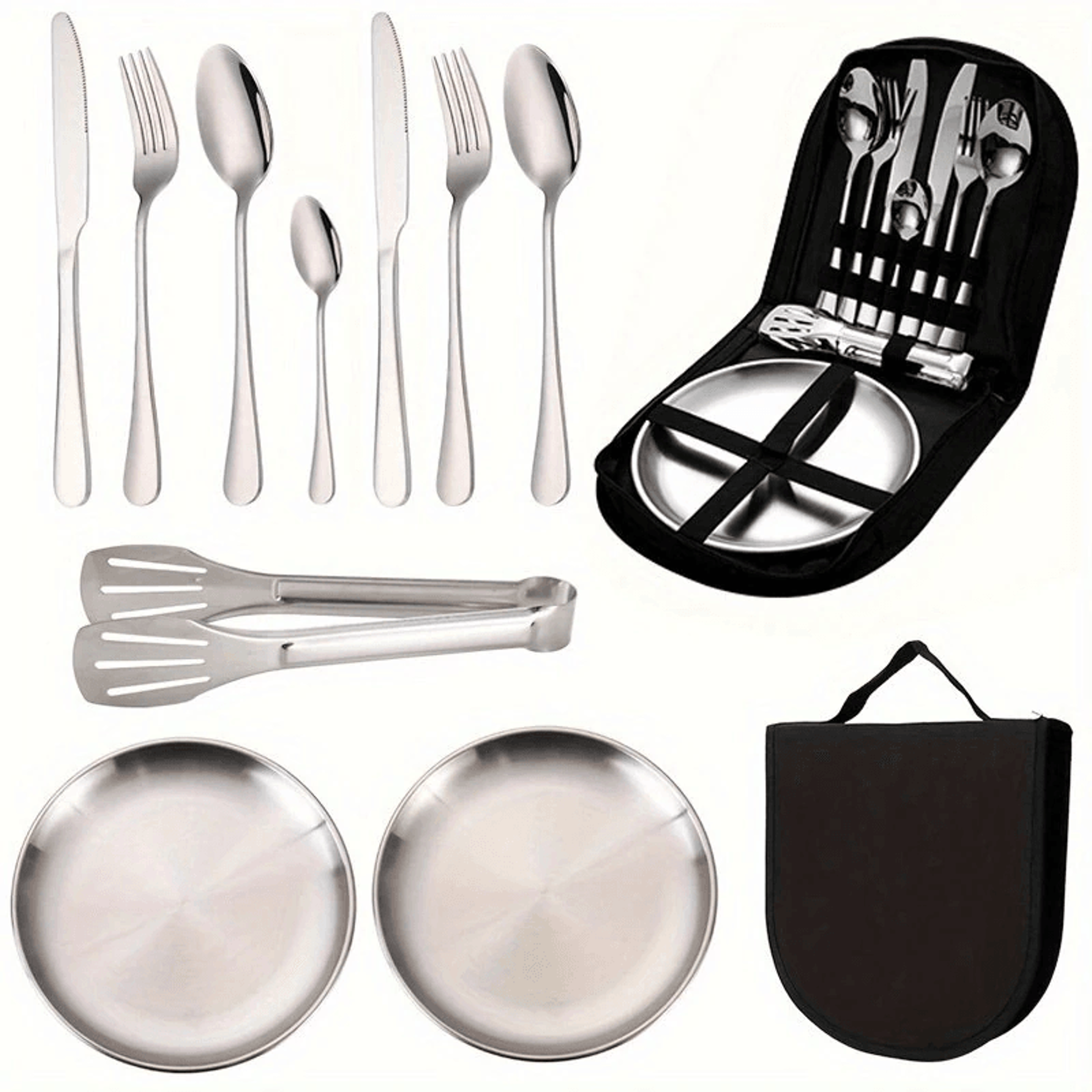 Portable Stainless Steel Camping Tableware Set For Two With Plates And Cutlery 1