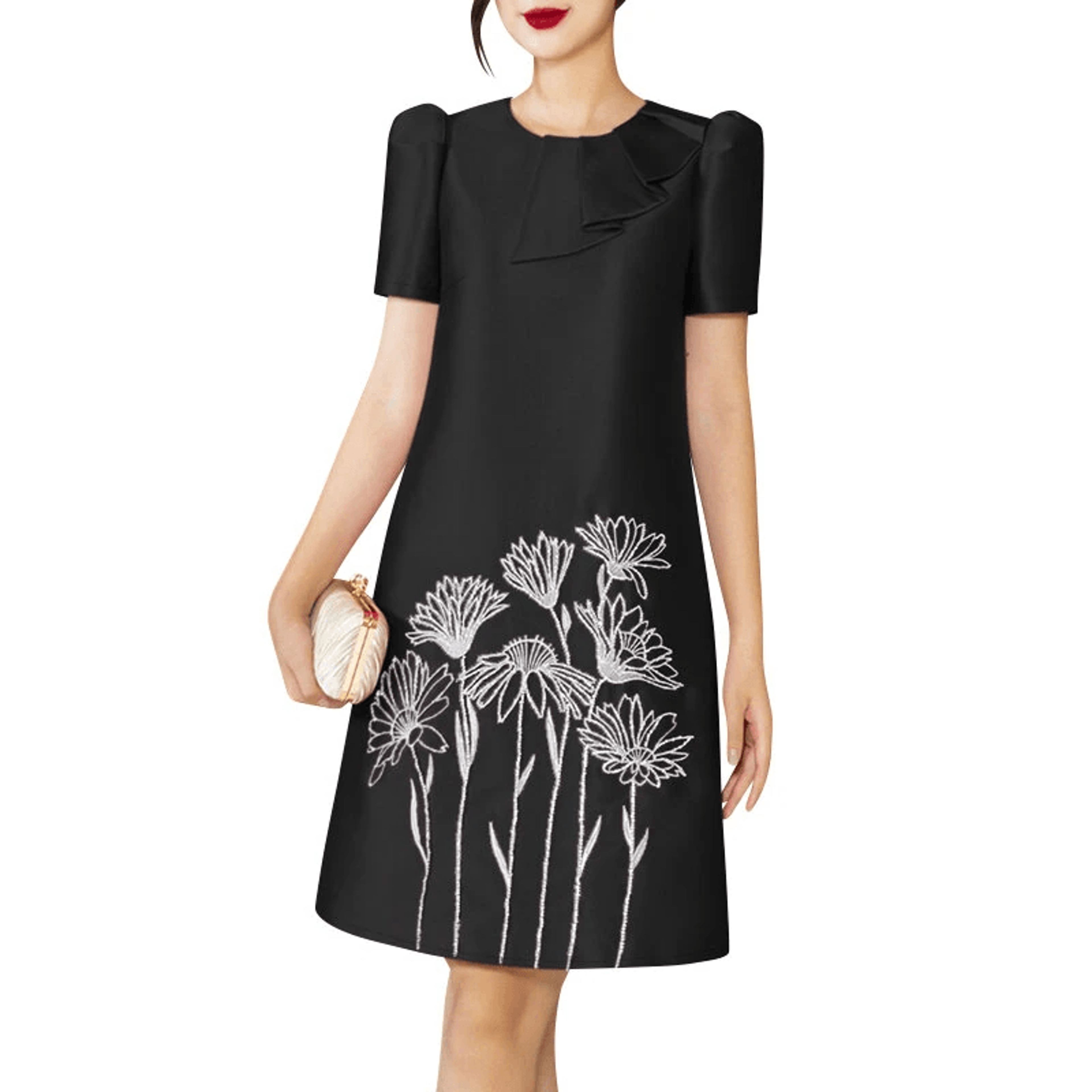 Floral Embroidery Satin Party Dress With Puff Sleeves 0