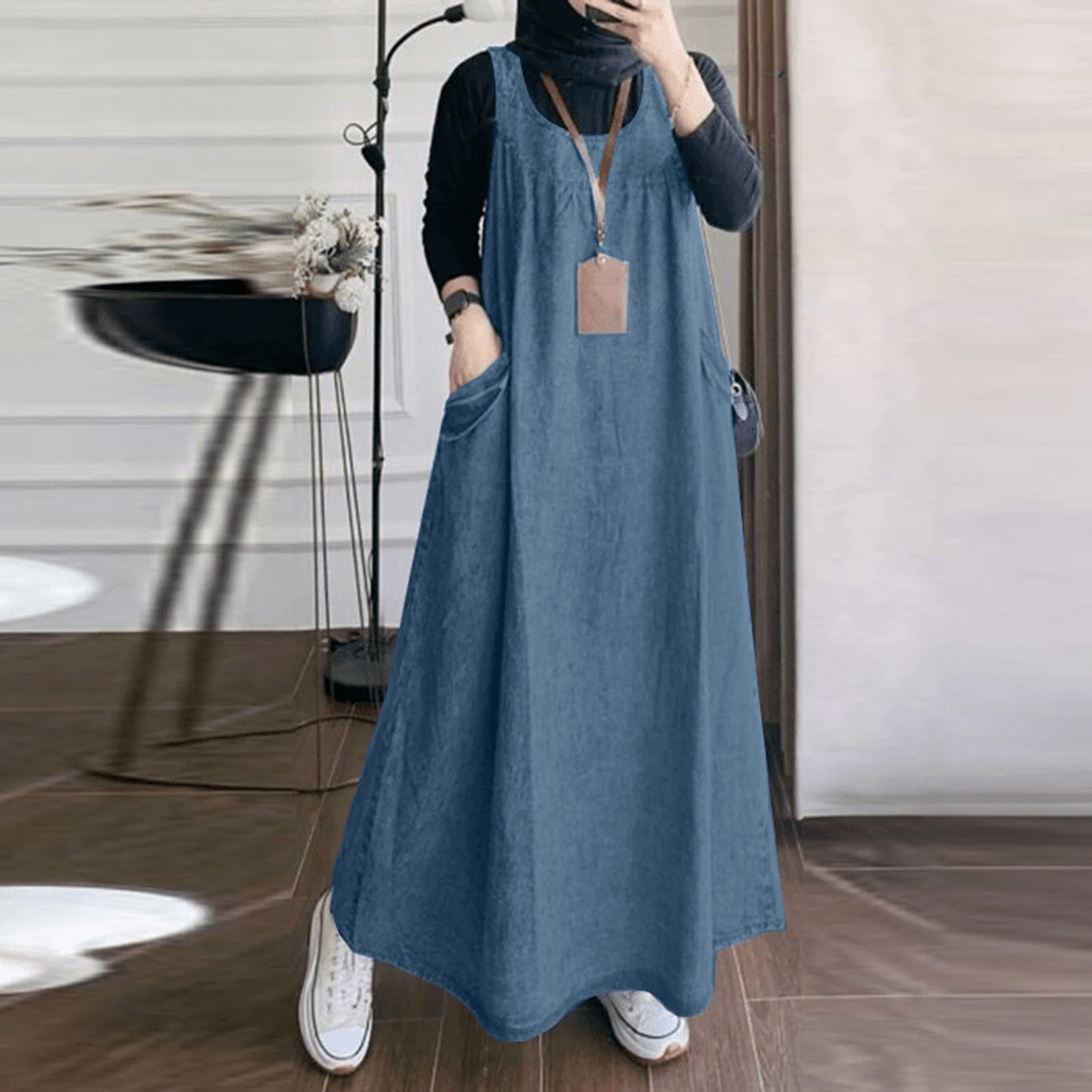 Womens Denim Overall Maxi Dress With Pockets 0