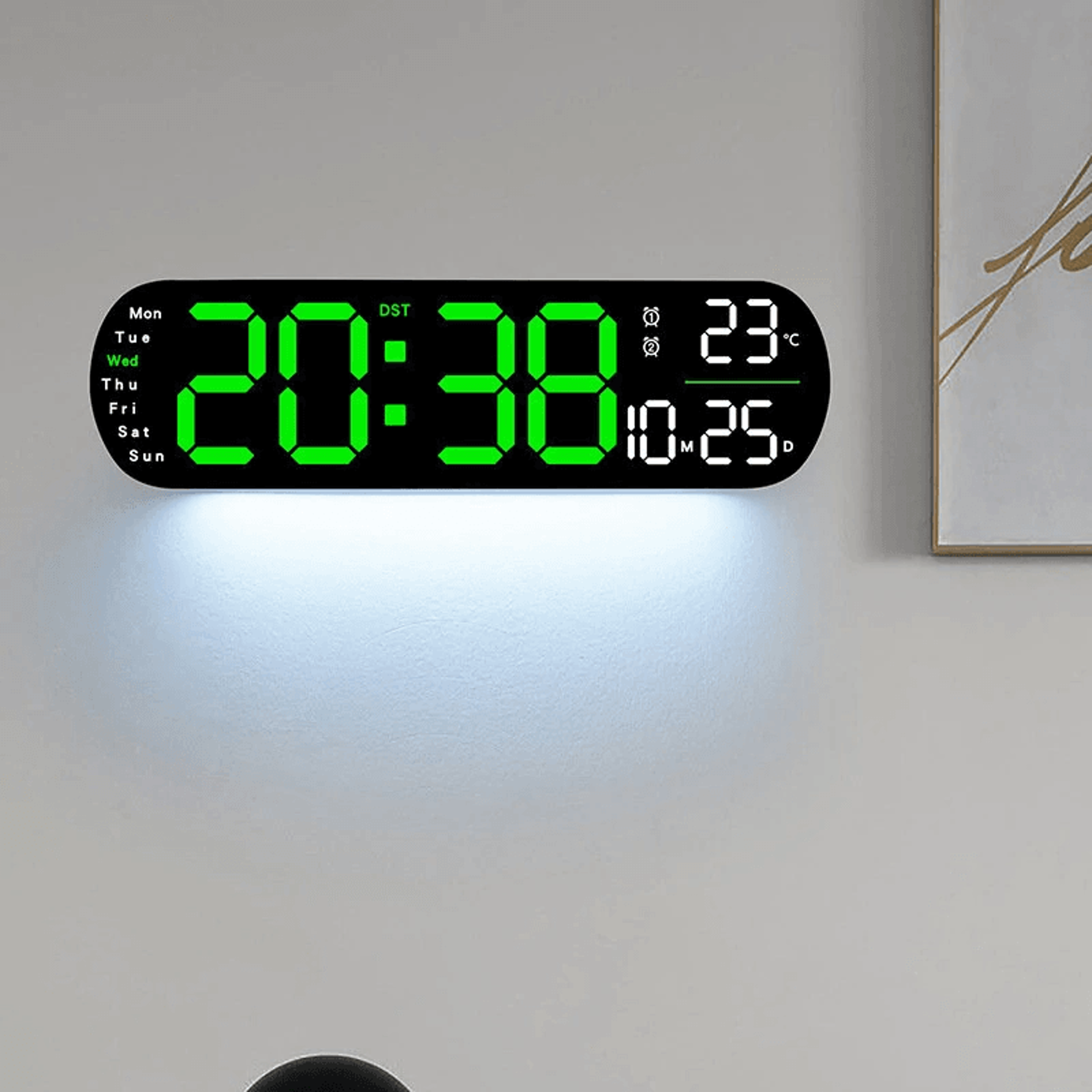 Ambient Light LED Digital Wall Clock With Remote Temperature Humidity And Date Display 1