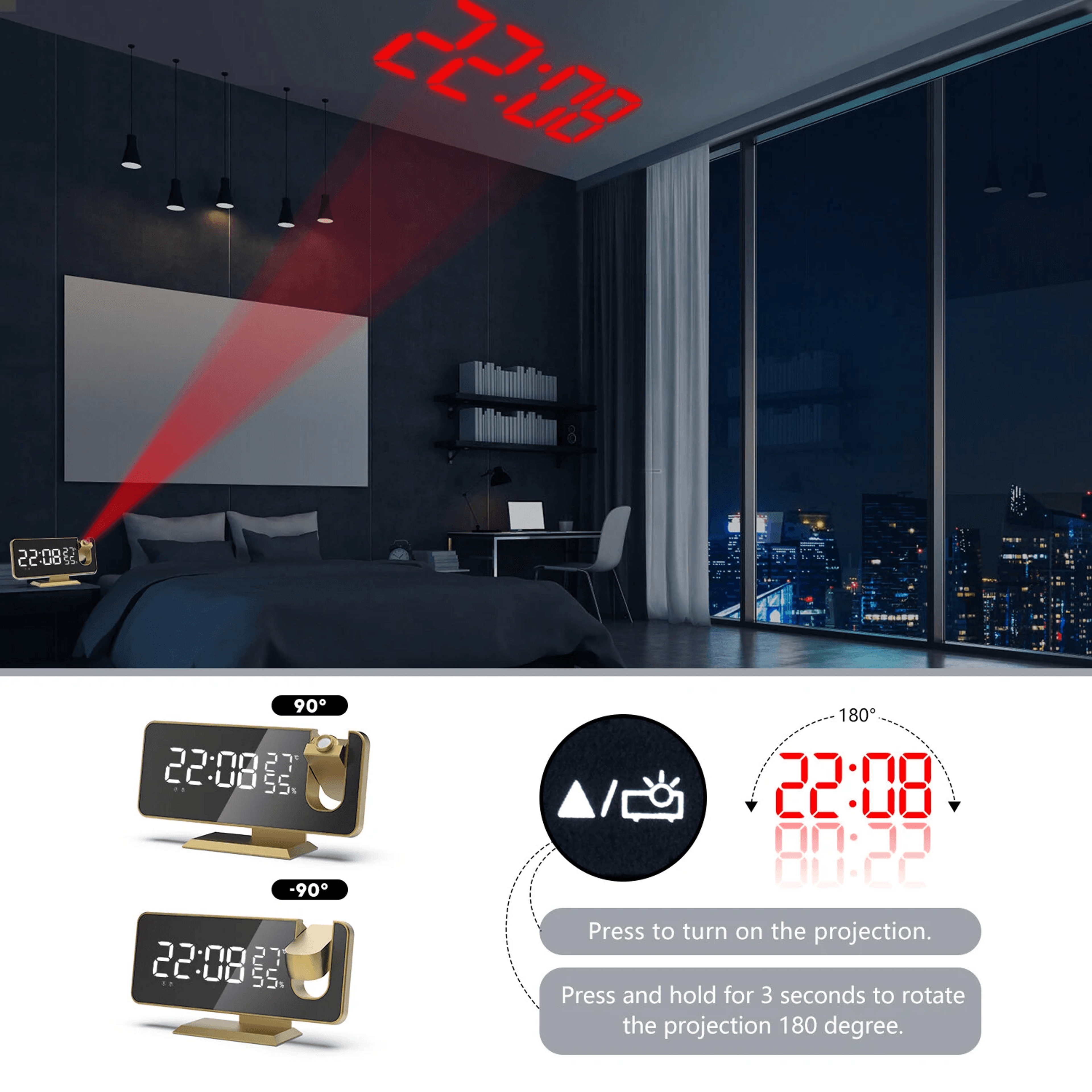 LED Projection Alarm Clock With FM Radio Mirror Display And USB Charging 2