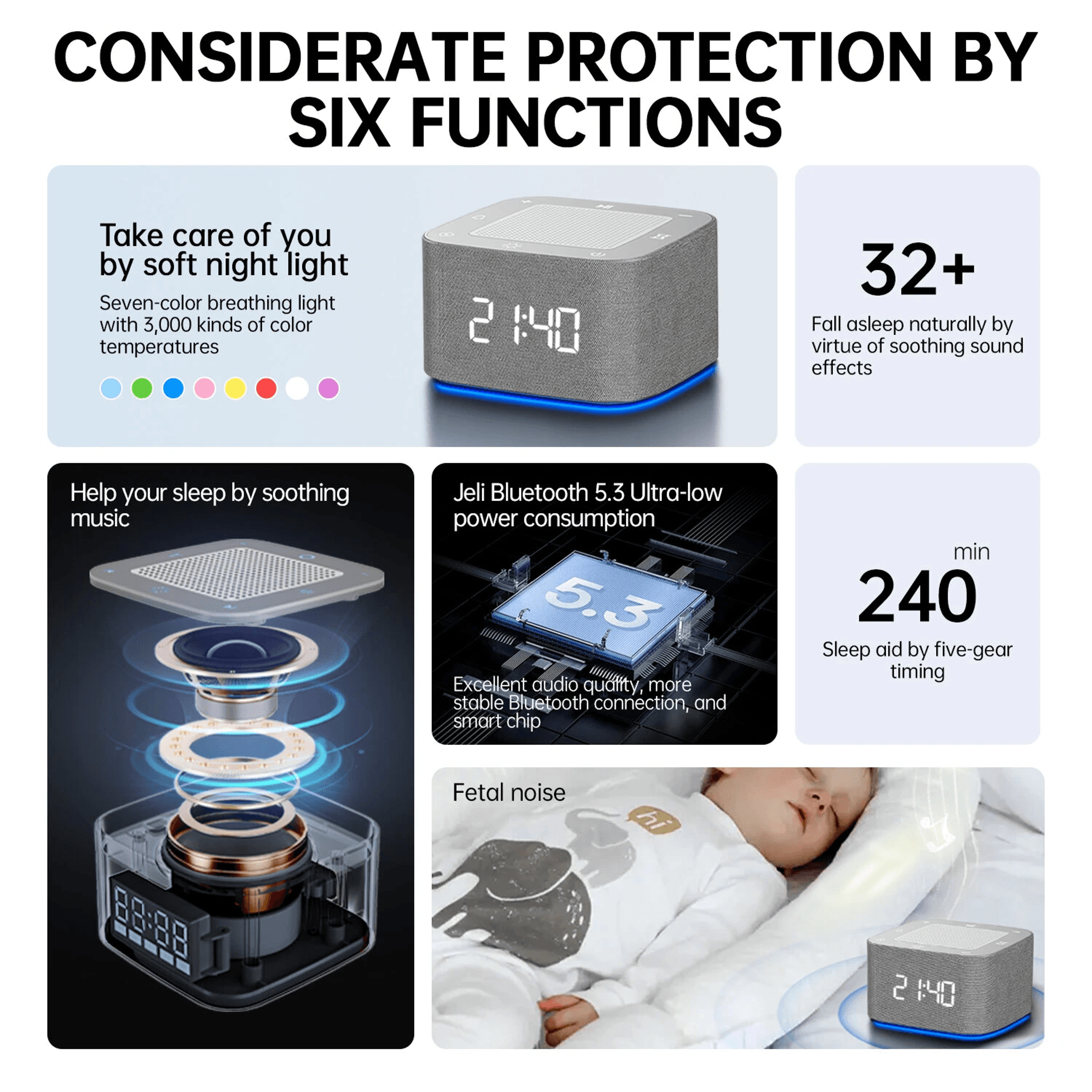 Smart White Noise Machine With Alarm Clock Night Light And App Control 3