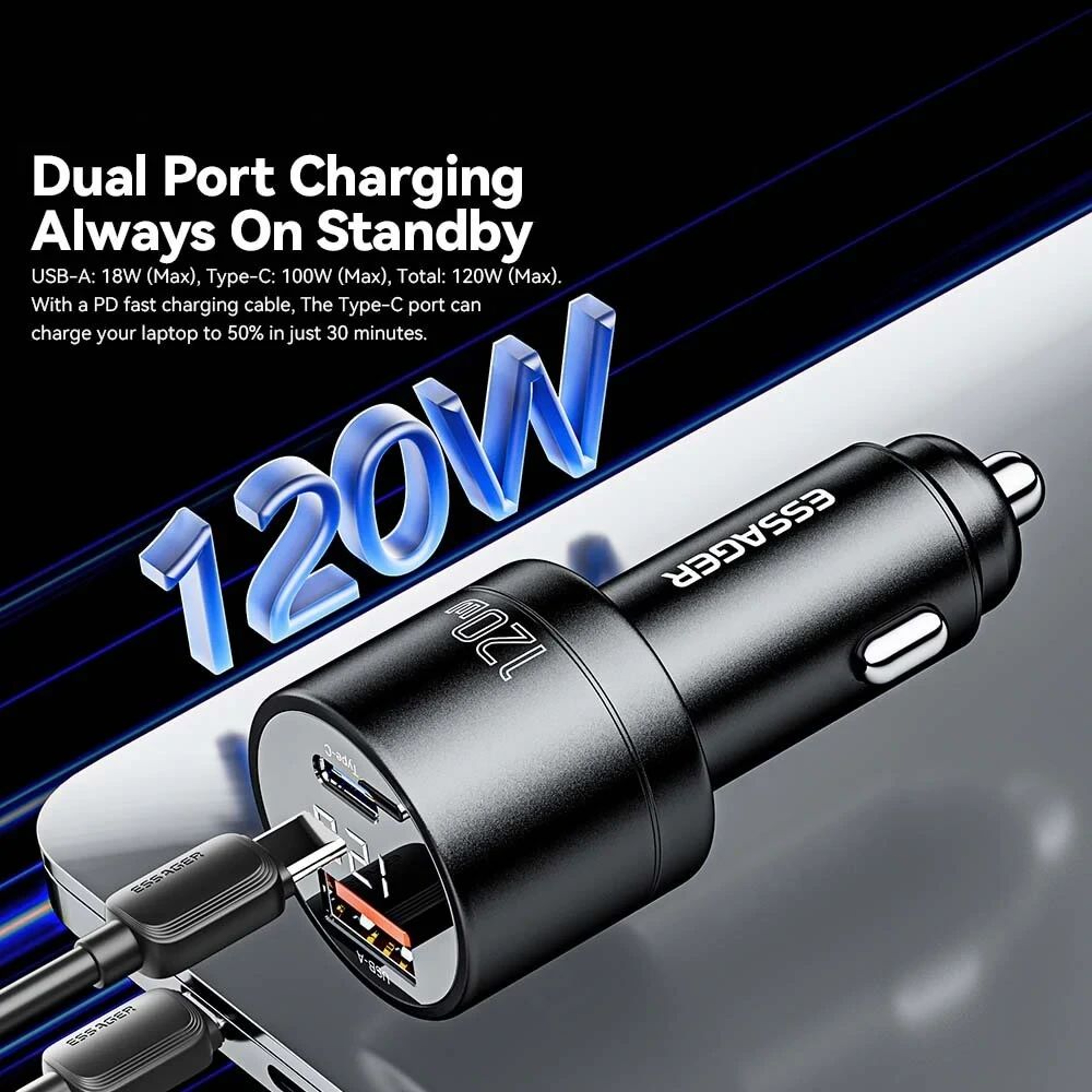 Dual Port USB Car Charger With USB C PD Fast Charging And Digital Display 2
