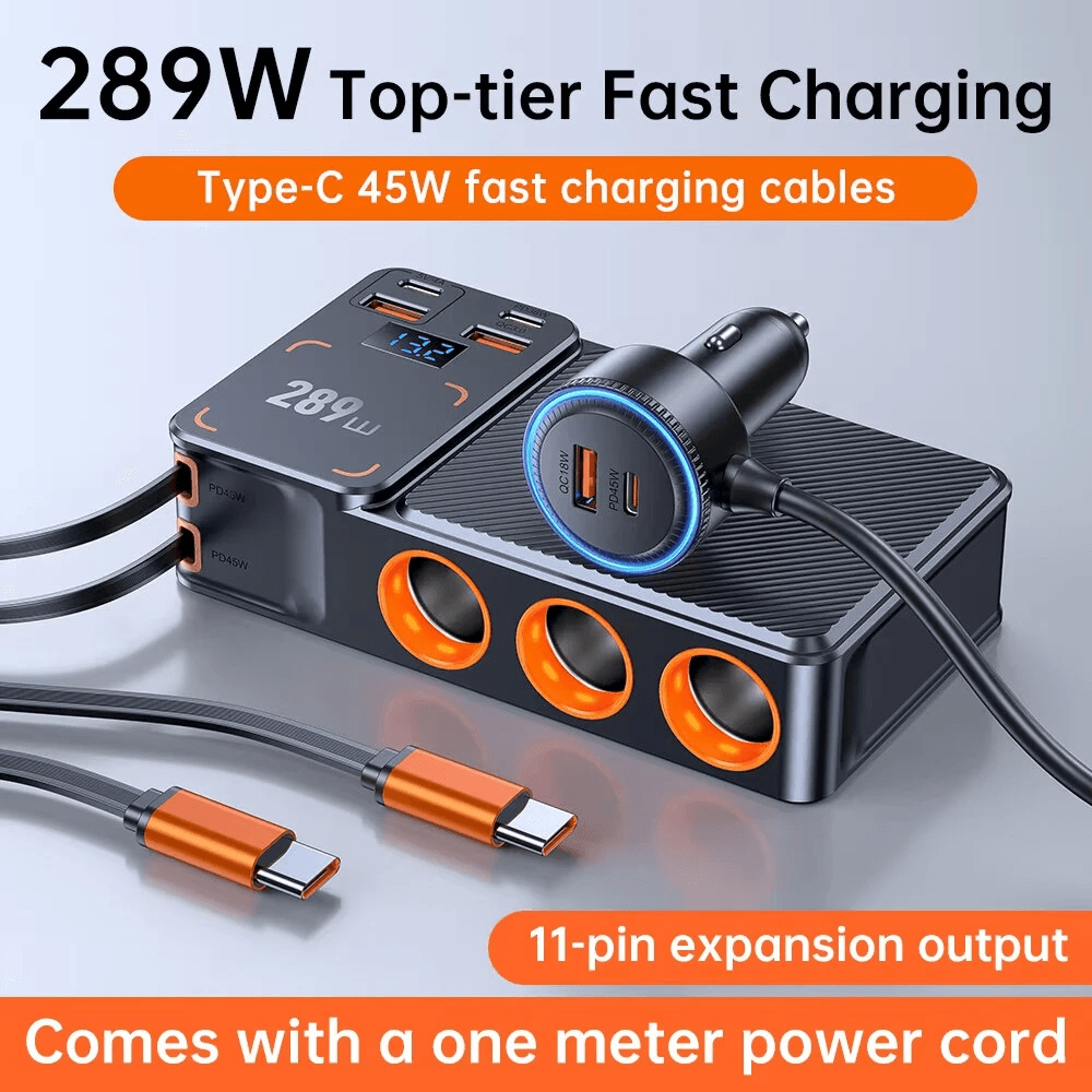 Multi Port Car Charger With Retractable USB C Cables Sockets And LED Voltage Display 5
