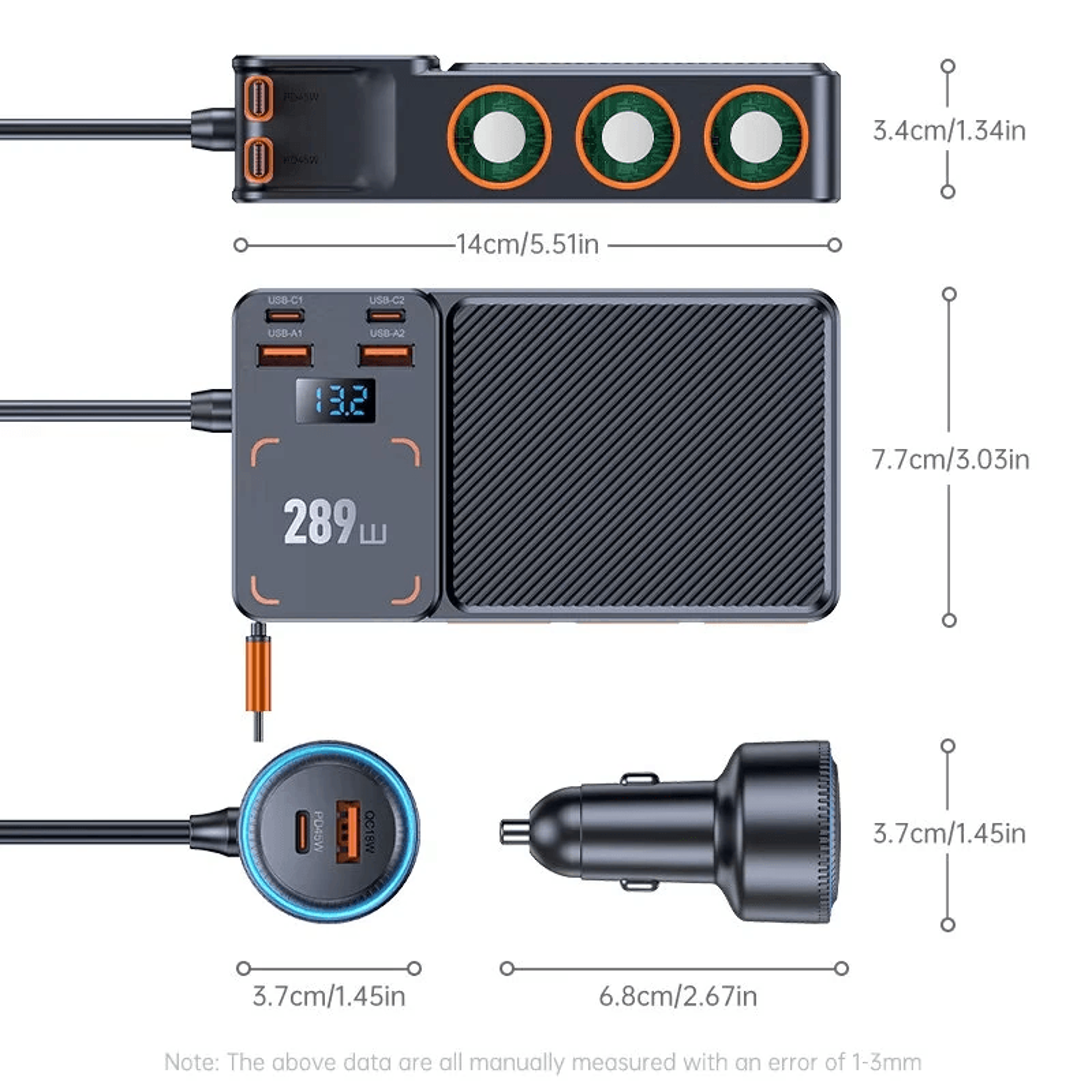 Multi Port Car Charger With Retractable USB C Cables Sockets And LED Voltage Display 6