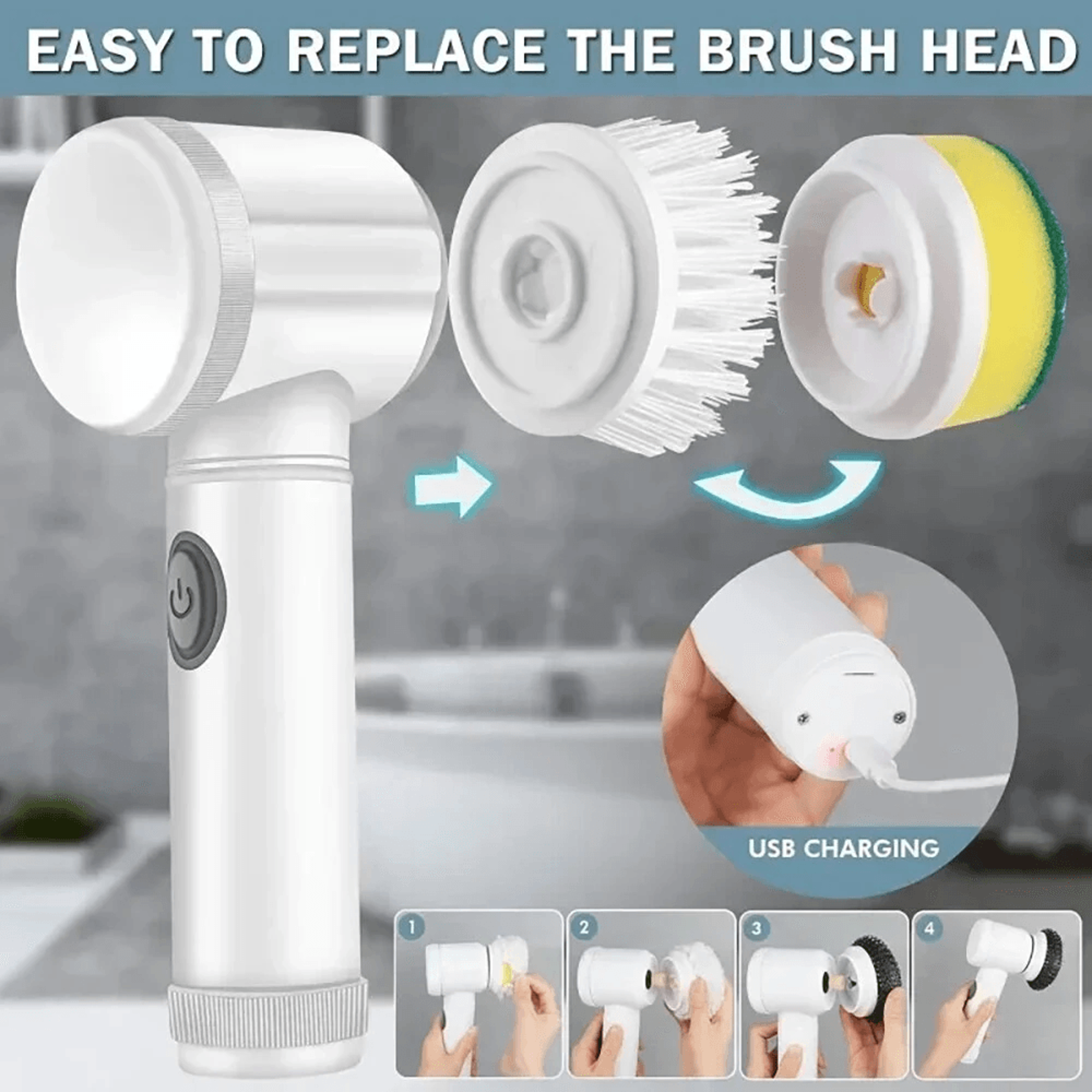 Electric Cleaning Brush USB Rechargeable Scrubber With Replaceable Cleaning Heads 1
