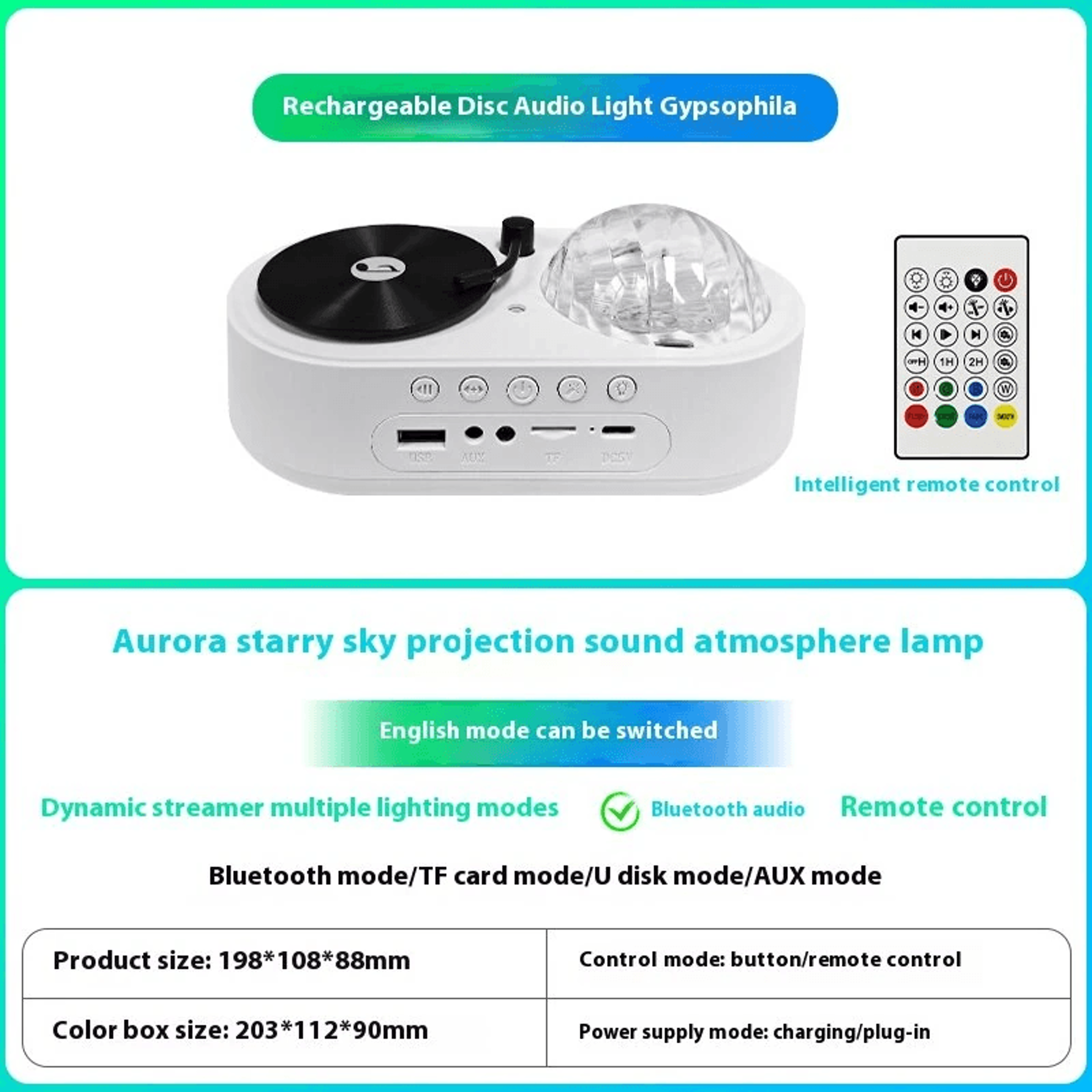 Rechargeable Aurora Star Projector Lamp With Bluetooth Speaker And Remote Control 4