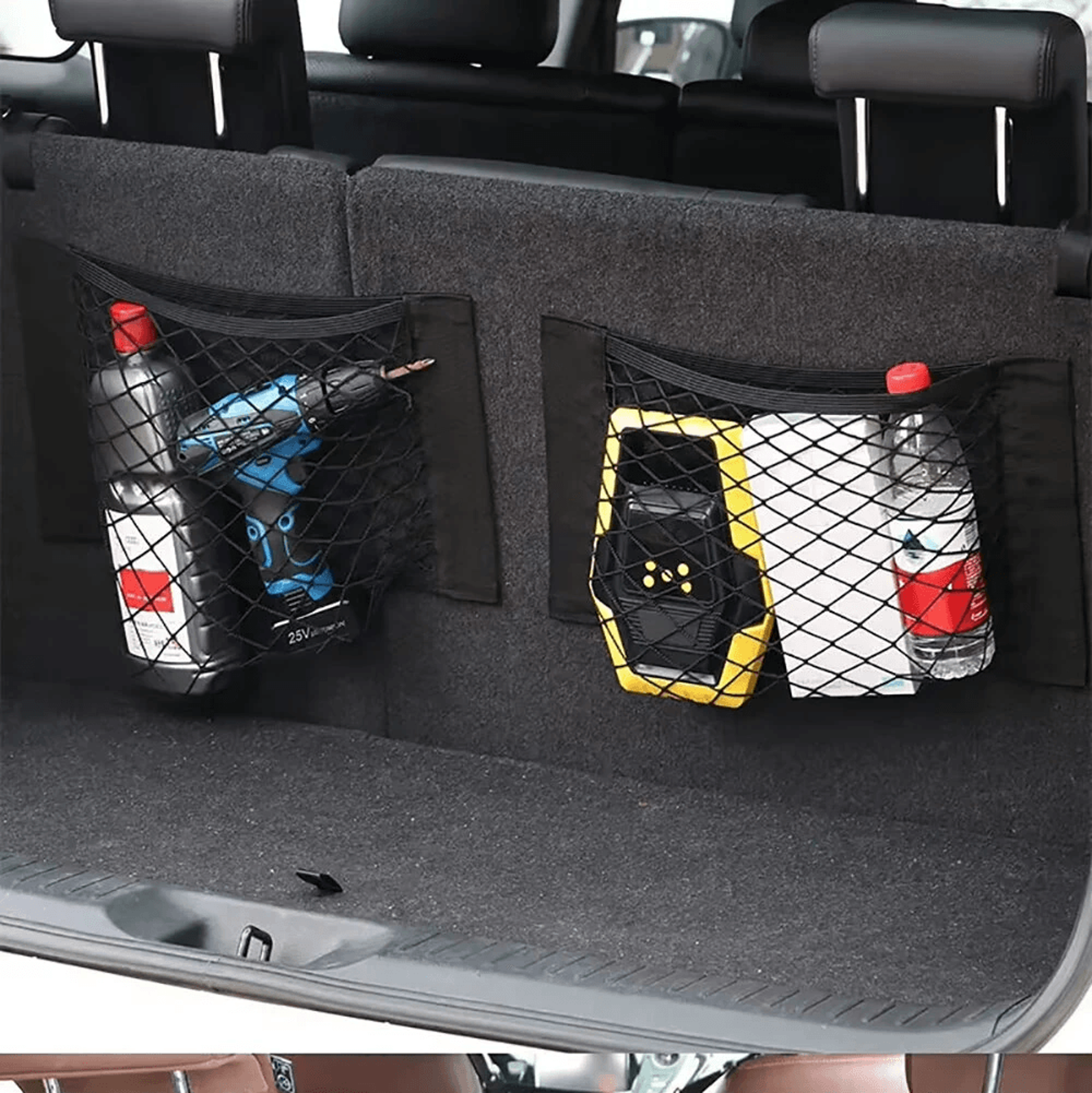 Car Trunk Organizer Double Layer Elastic Mesh Storage Bag With Sticky Straps 1
