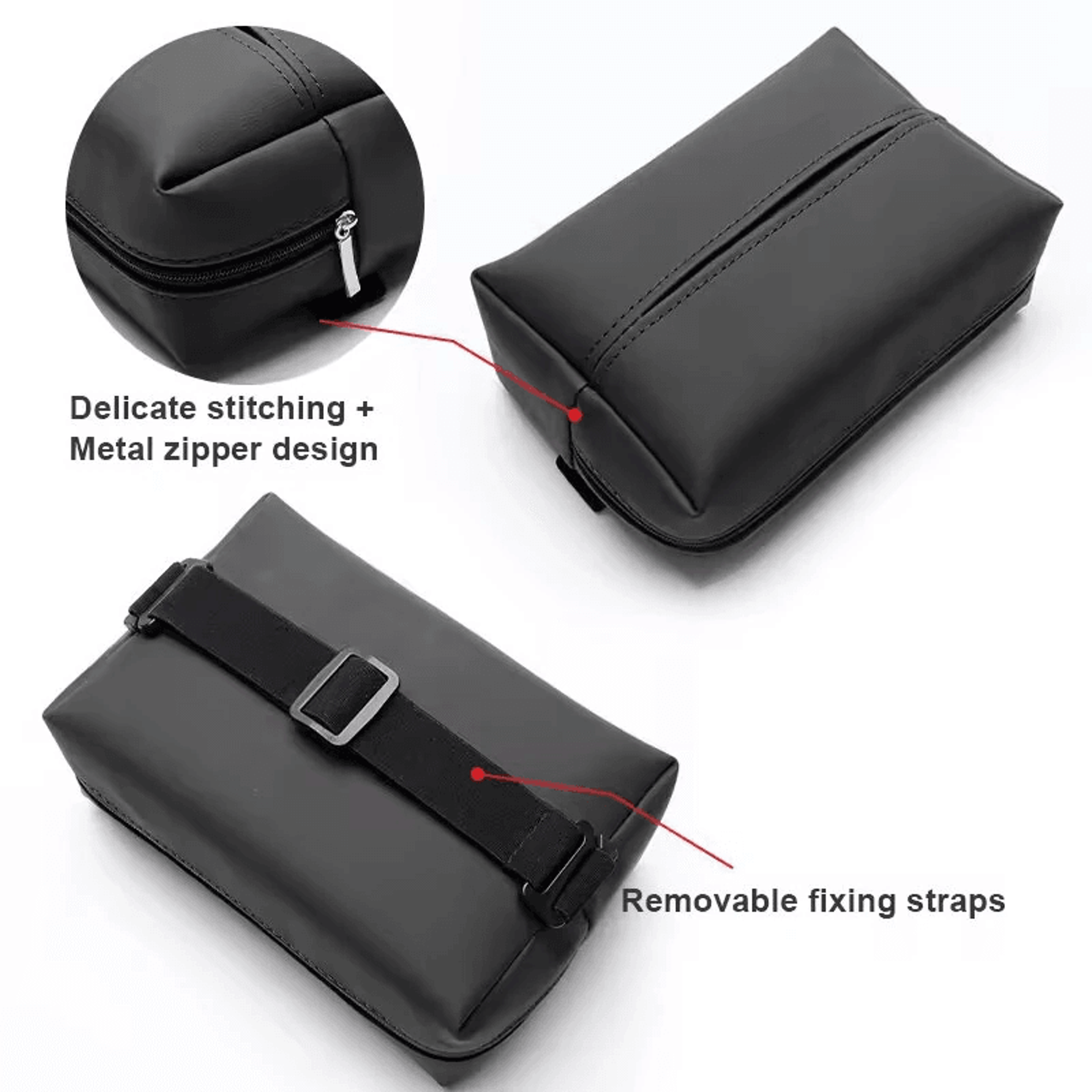 PU Leather Car Tissue Box Holder With Adjustable Fixed Strap 3