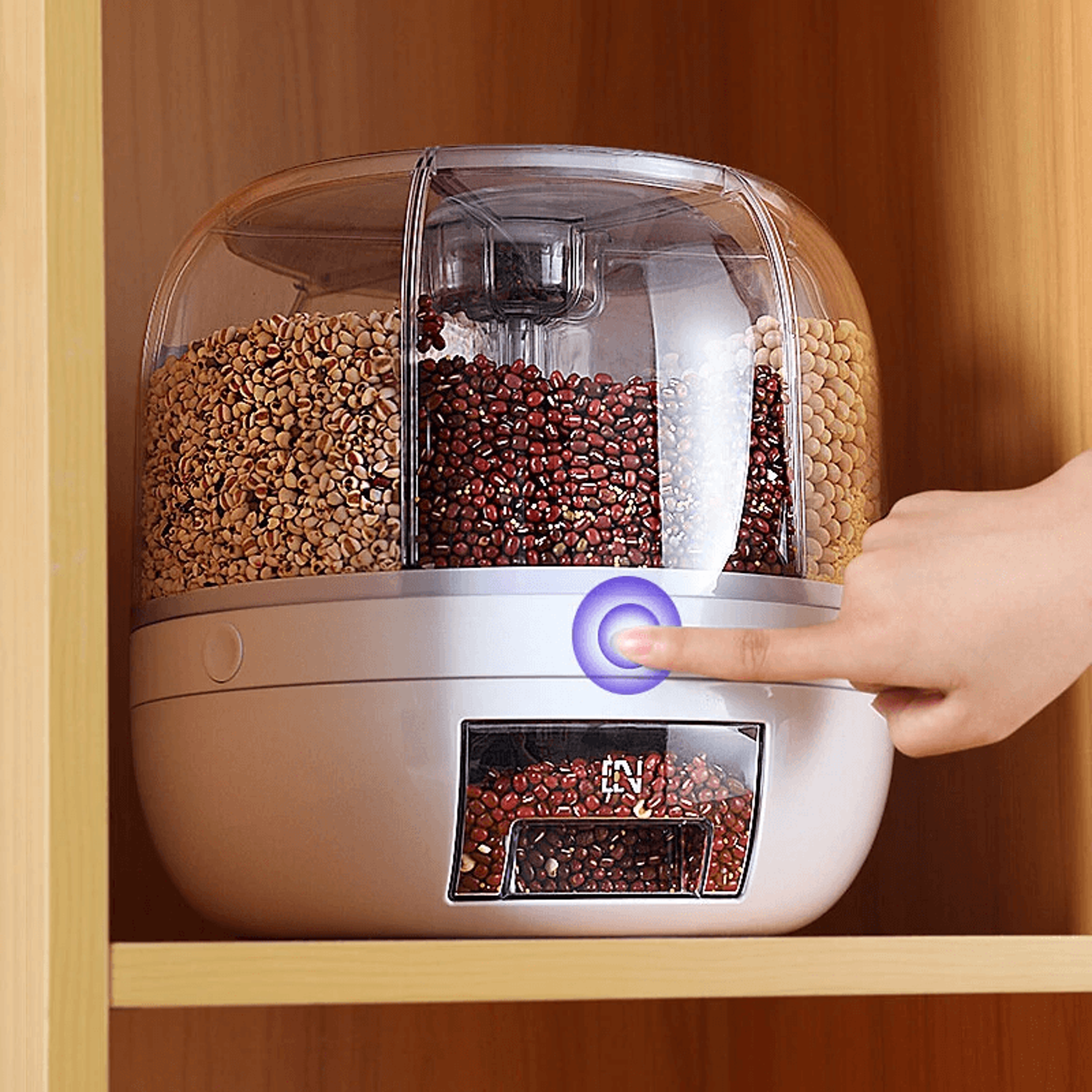 Grid Rotating Grain Rice Storage Container Dispenser With One Touch Dispensing 3