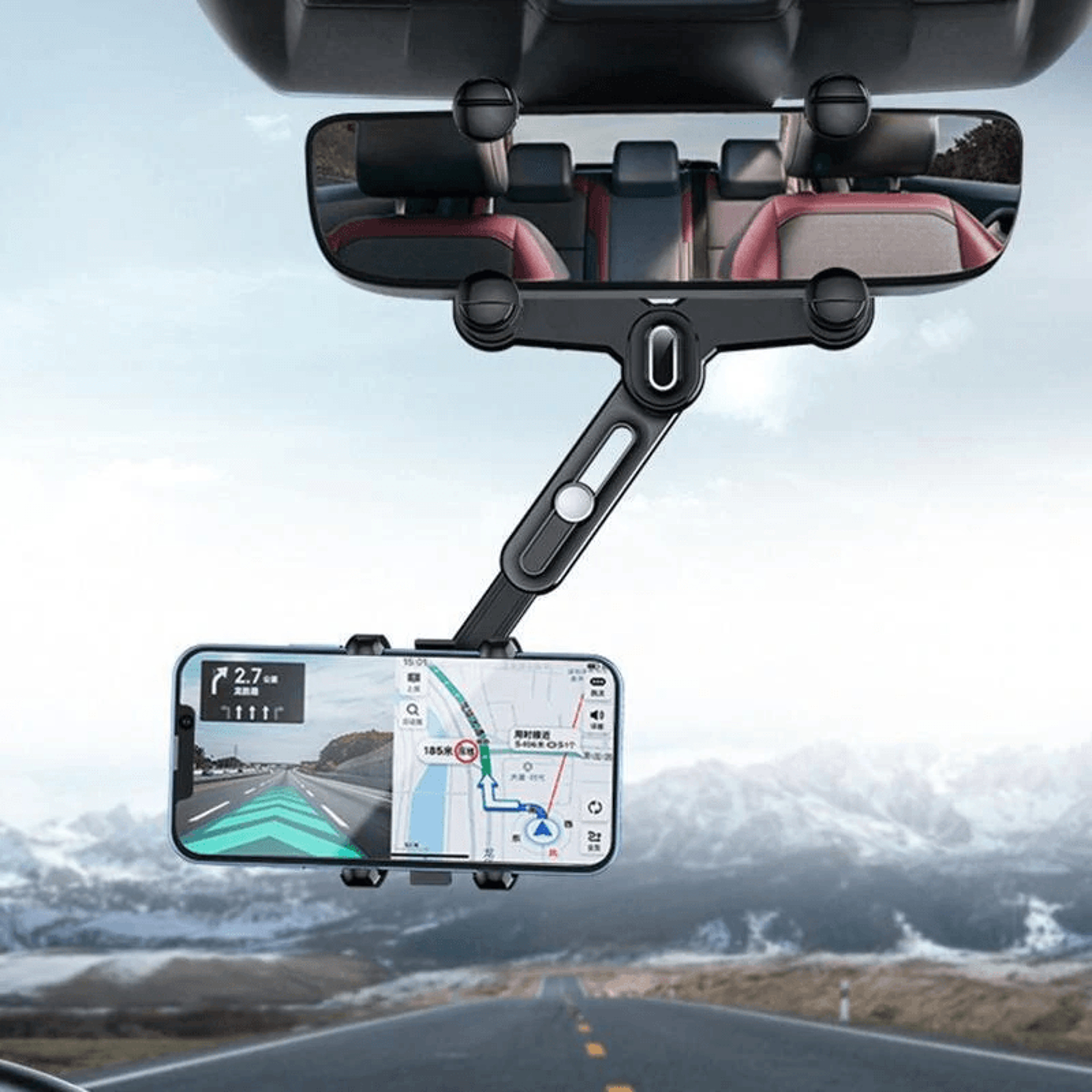 Black Extendable Rotating Car Rearview Mirror Phone Mount 0