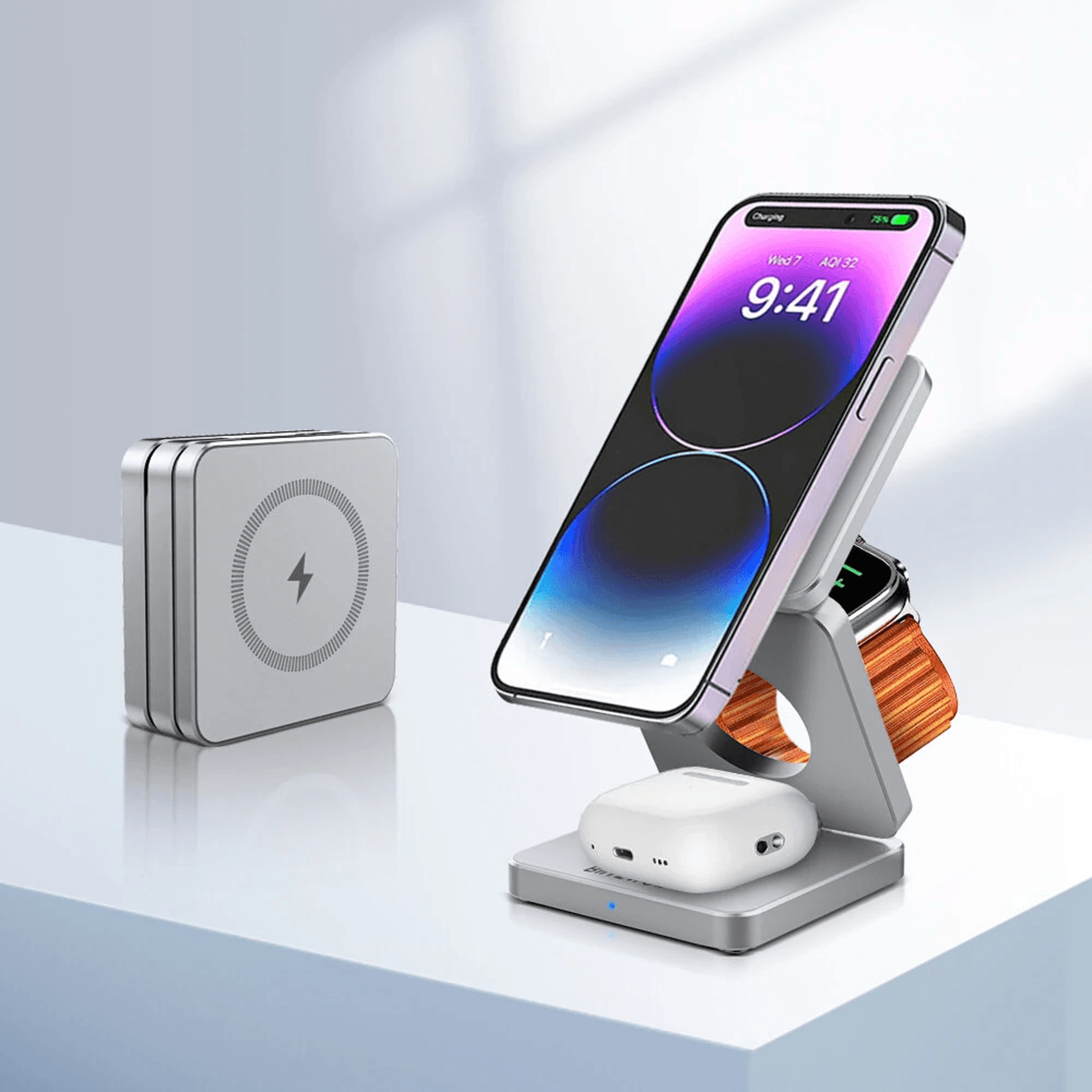 Foldable Wireless Charger Fast Charging Station For Multiple Devices Silver 0