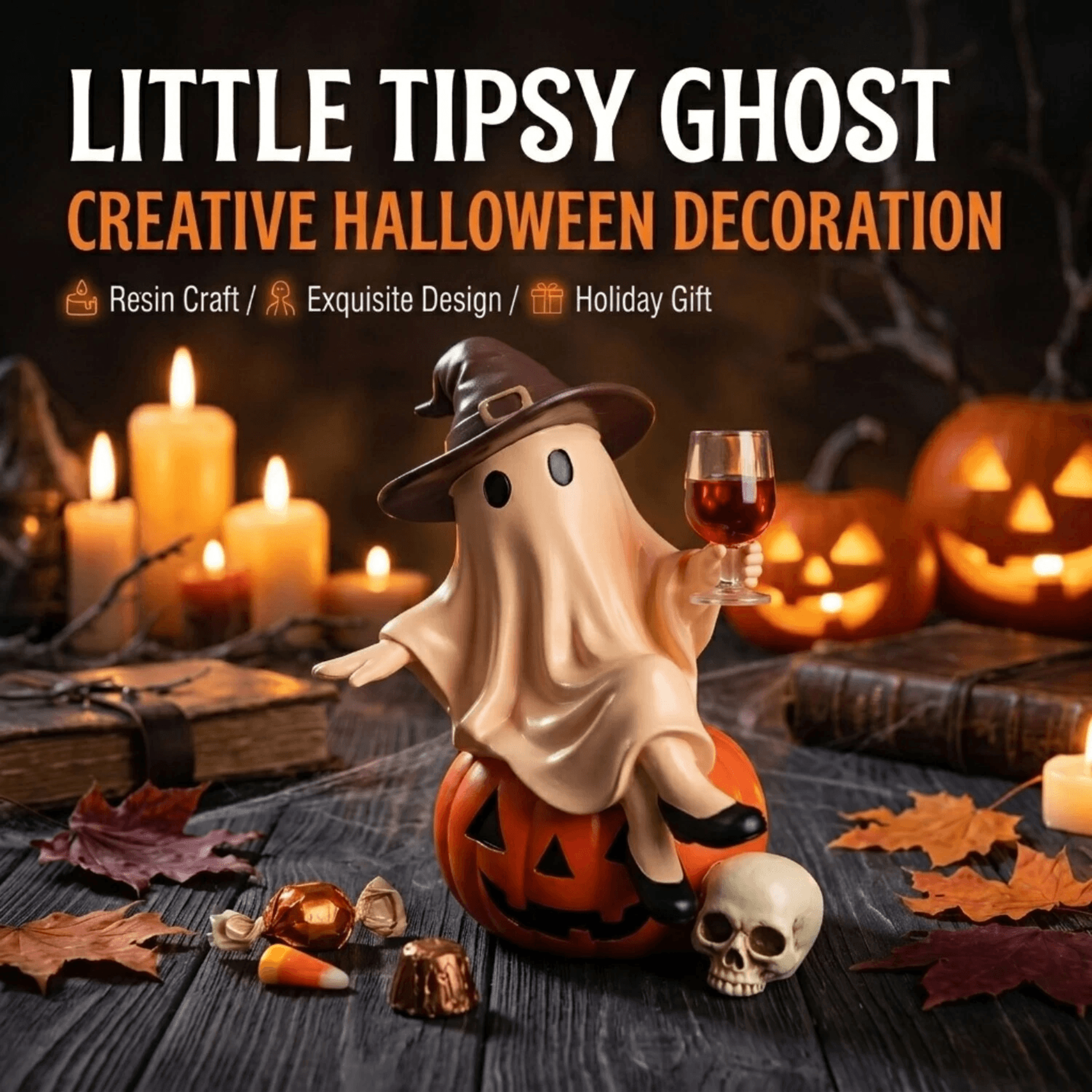 Halloween Ghost Night Light USB Plug In Resin Pumpkin Table Lamp 2