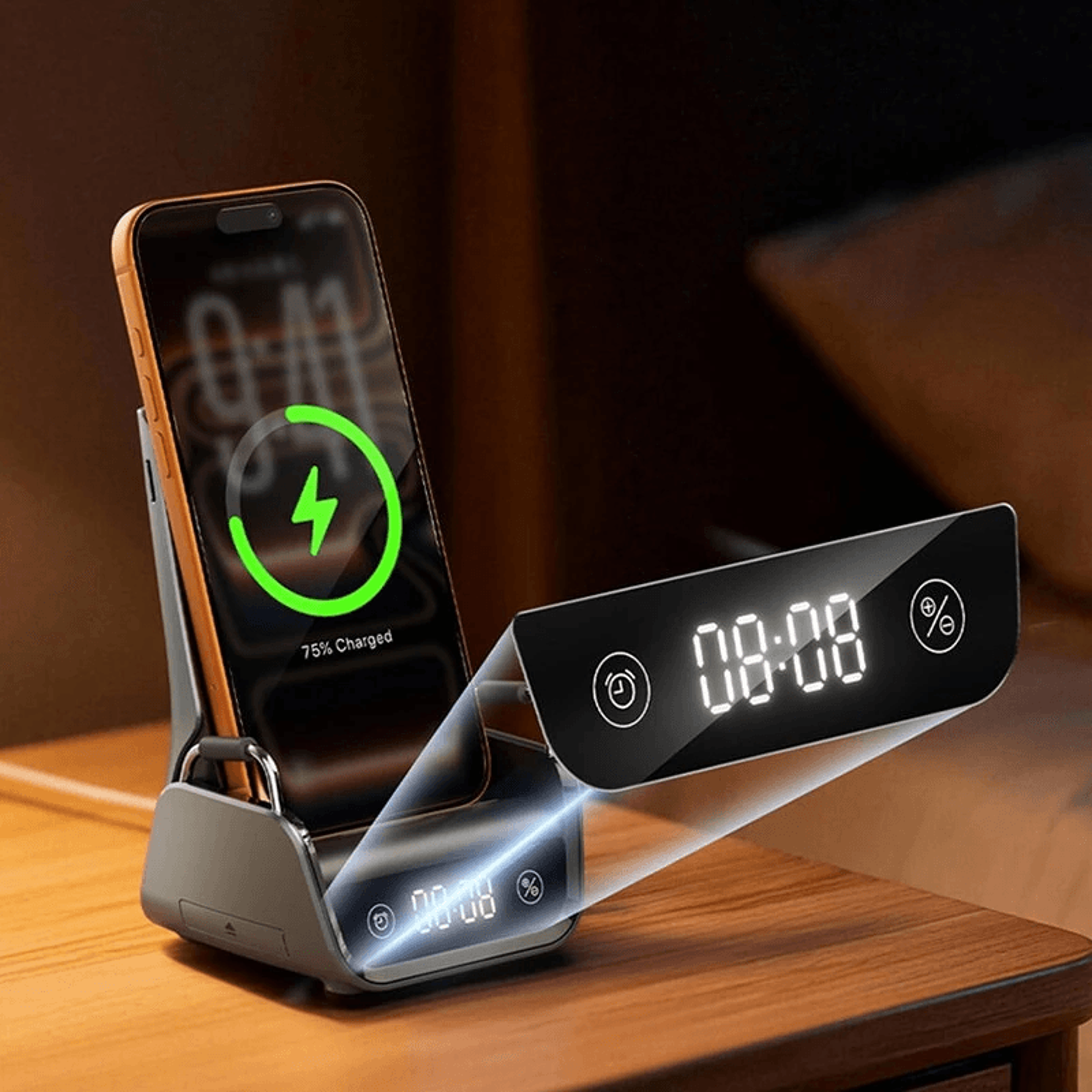 Wireless Charging Station With Digital Clock And Phone Stand 1