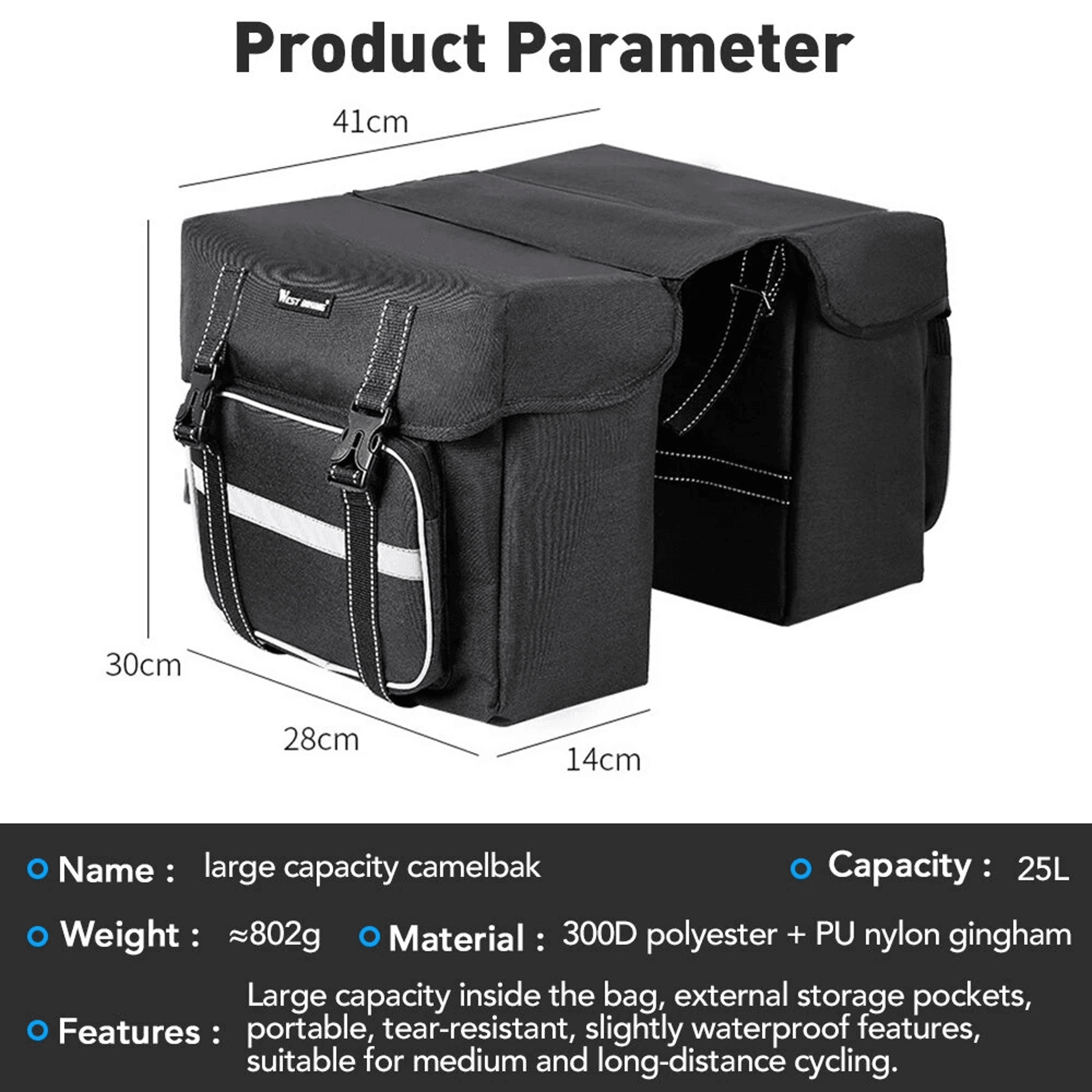 Double Bicycle Pannier Bag With Rain Cover And Side Pockets 9