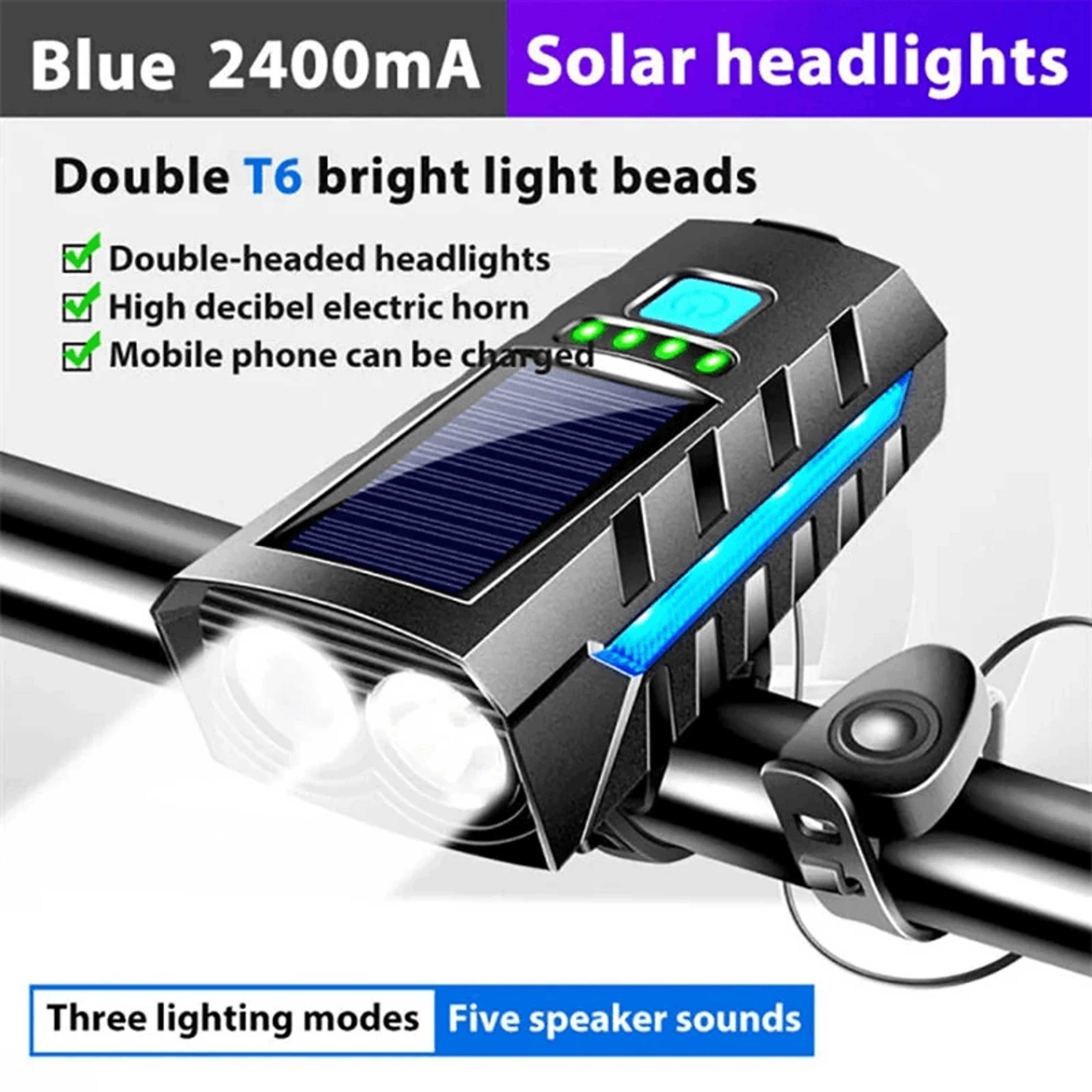 Solar Rechargeable Bike Headlight With Horn And Power Bank 5